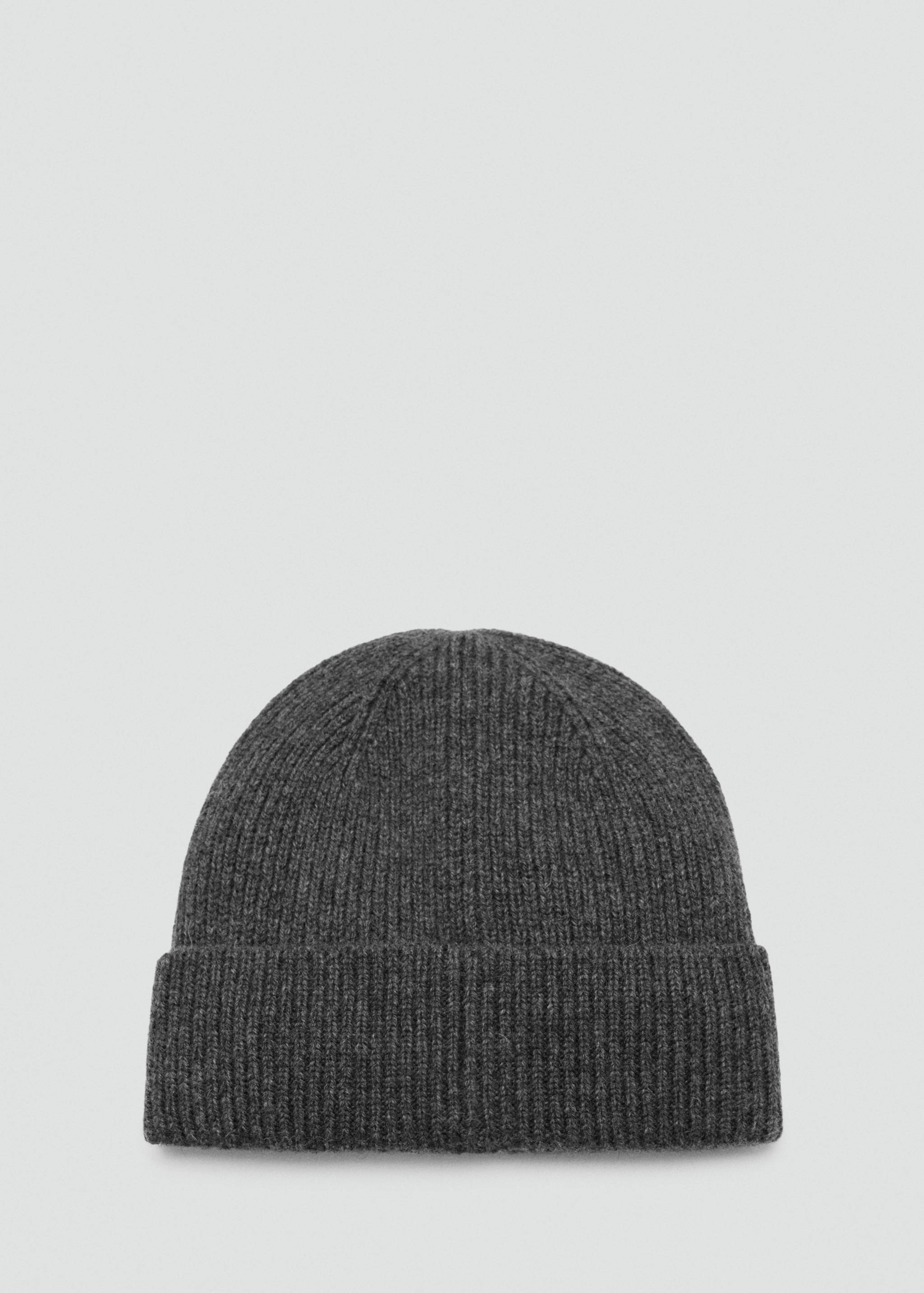 Dark grey ribbed knit beanie with a folded cuff.
