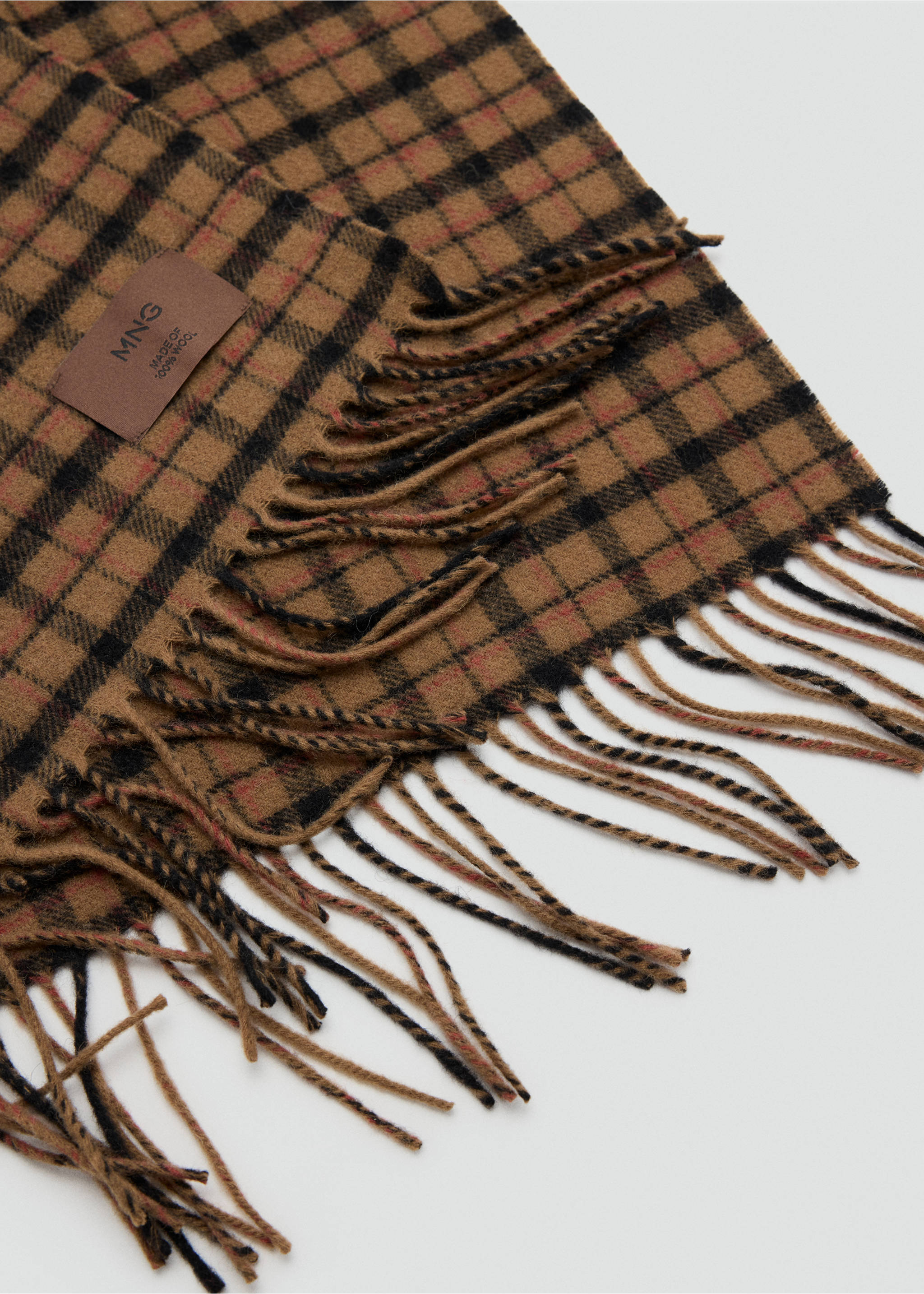 Brown and black plaid scarf with fringe trim and a brand patch., Medium Brown. Ref: 37047904-00.