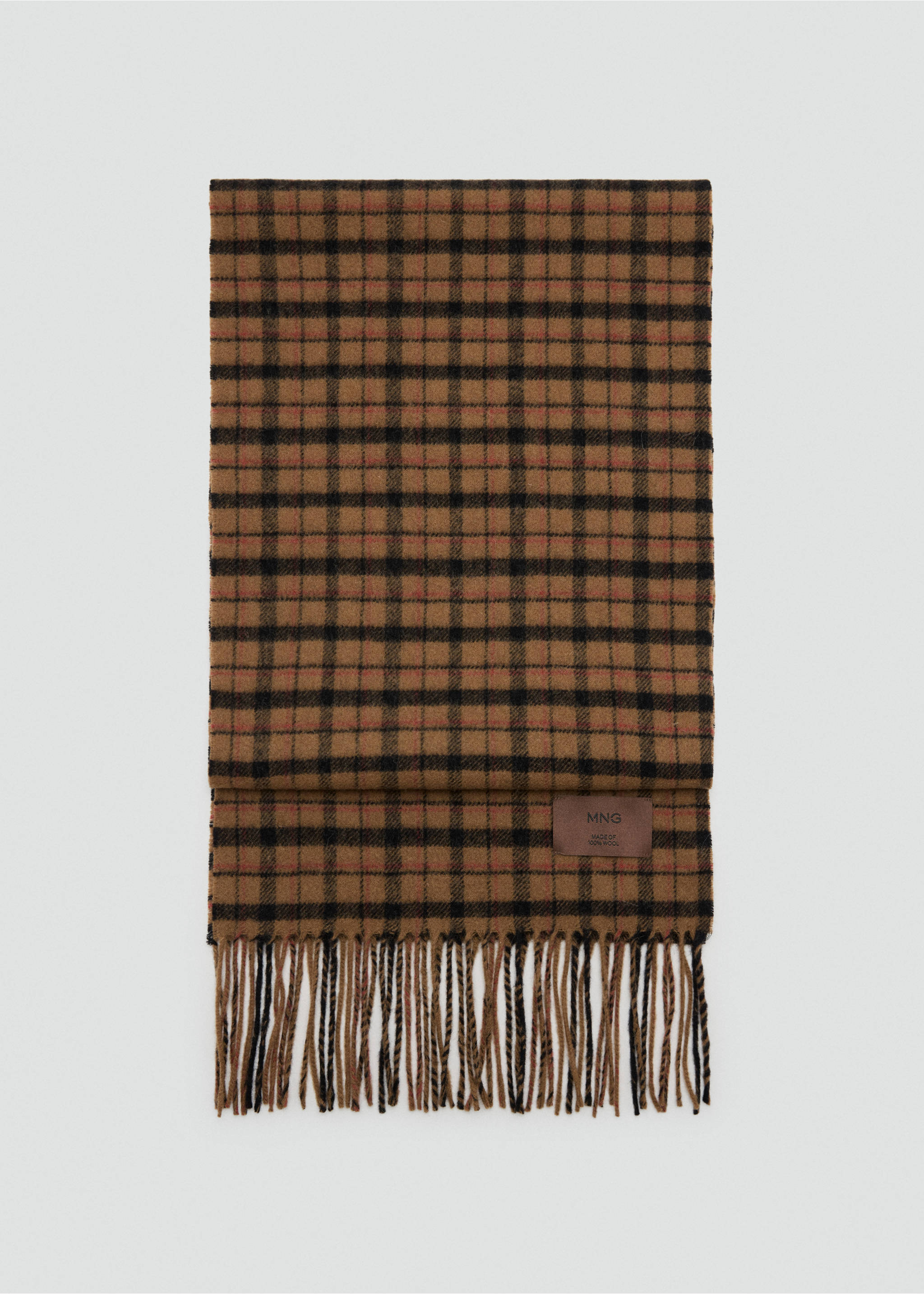 Brown, black and red plaid scarf with fringe trim., Medium Brown. Ref: 37047904-00.