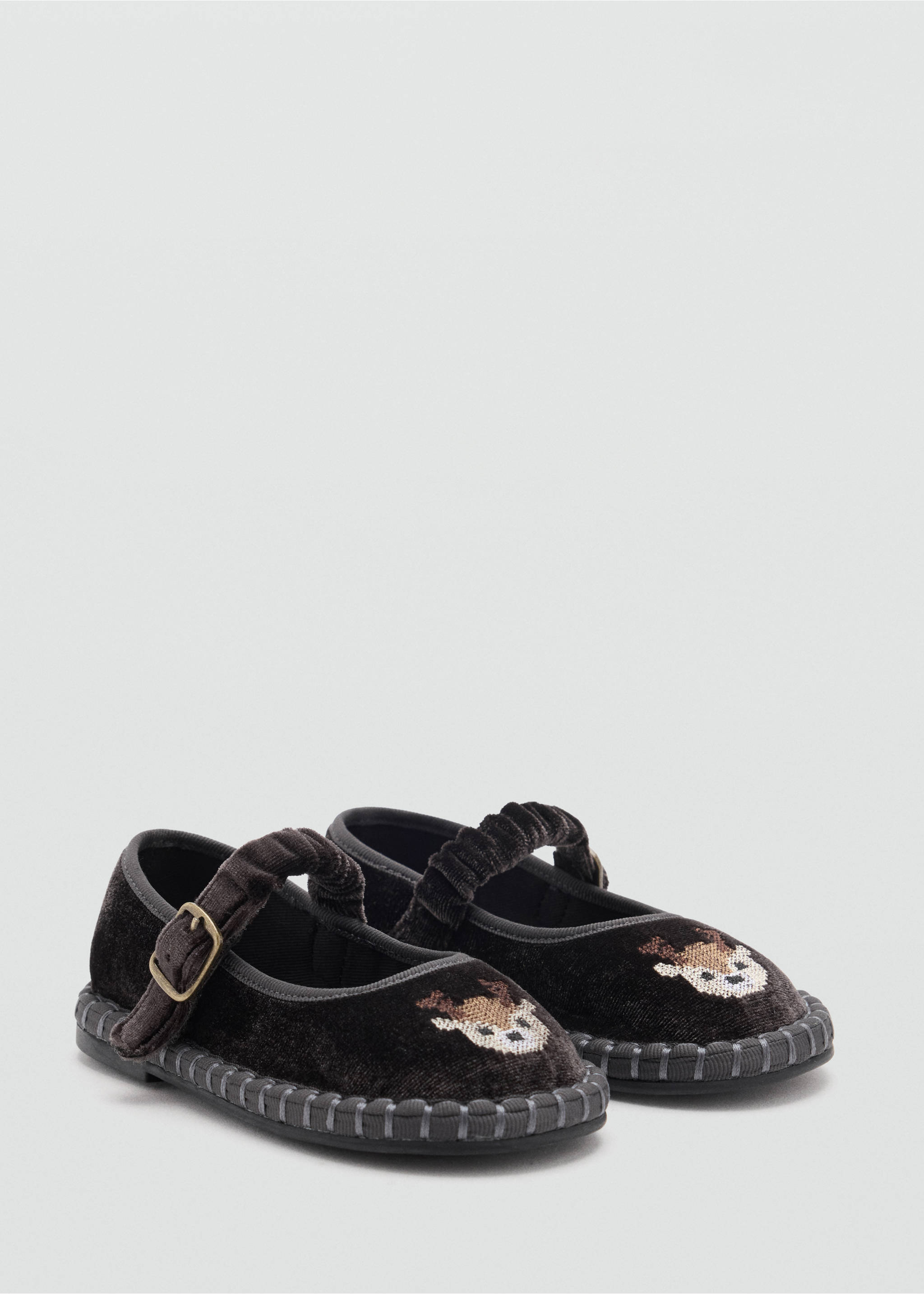 Dark brown velvet children's shoes with buckled straps and embroidered reindeer motifs., Charcoal. Ref: 37047911-00.