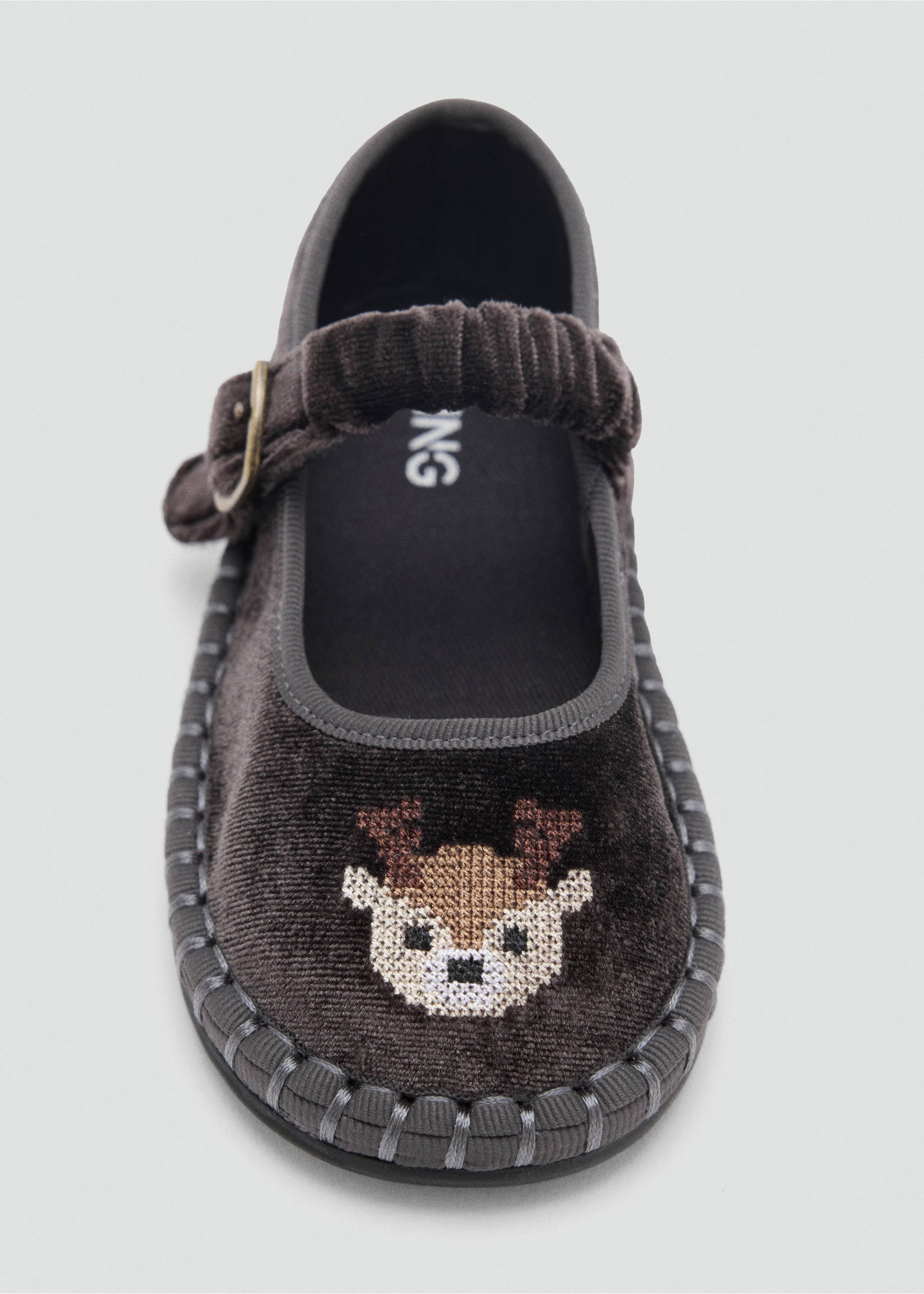 Grey velvet Mary Jane shoe with a reindeer embroidery detail., Charcoal. Ref: 37047911-00.