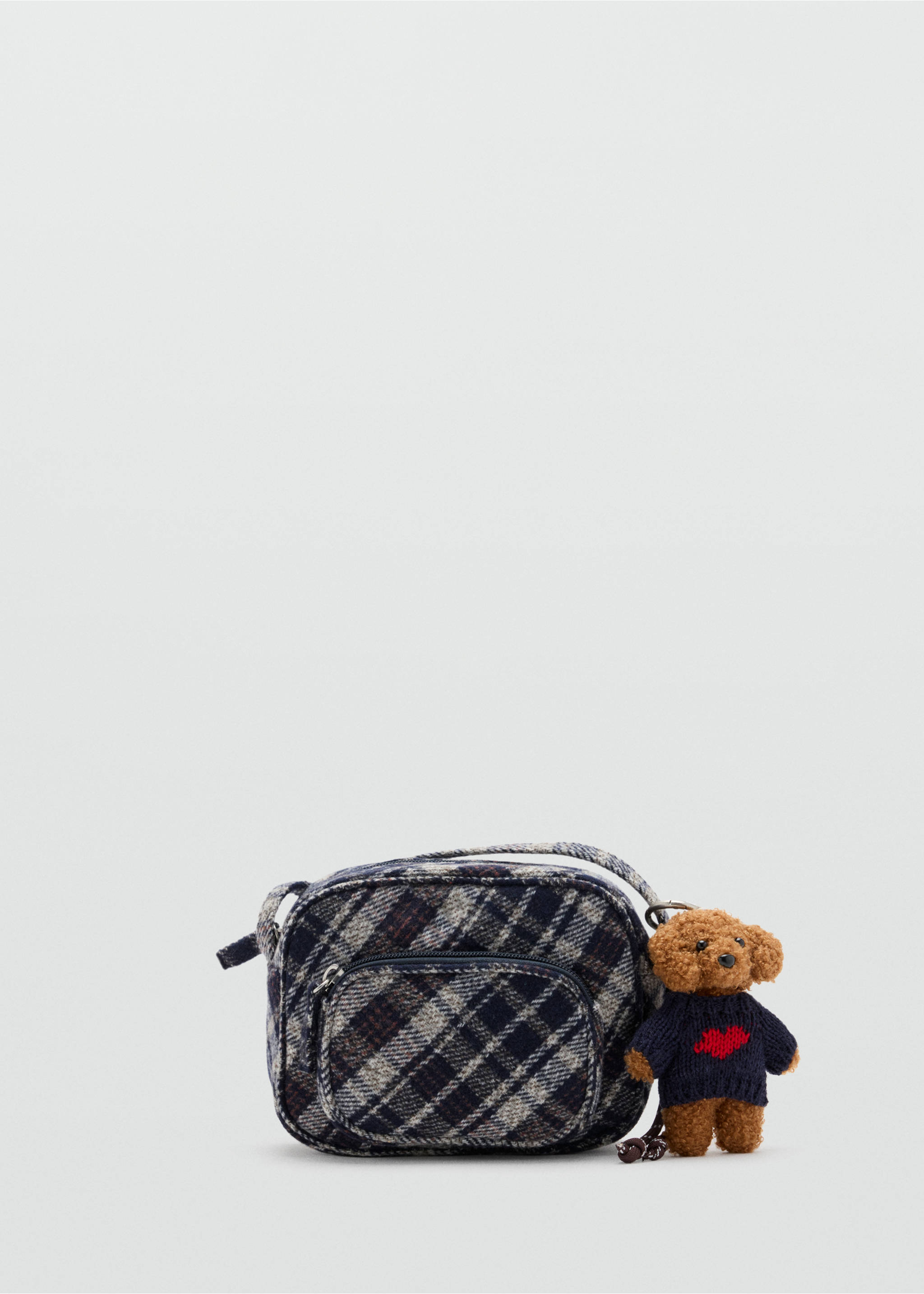Navy blue and cream plaid mini bag with a front pocket and a teddy bear charm., Grey. Ref: 37047912-00.