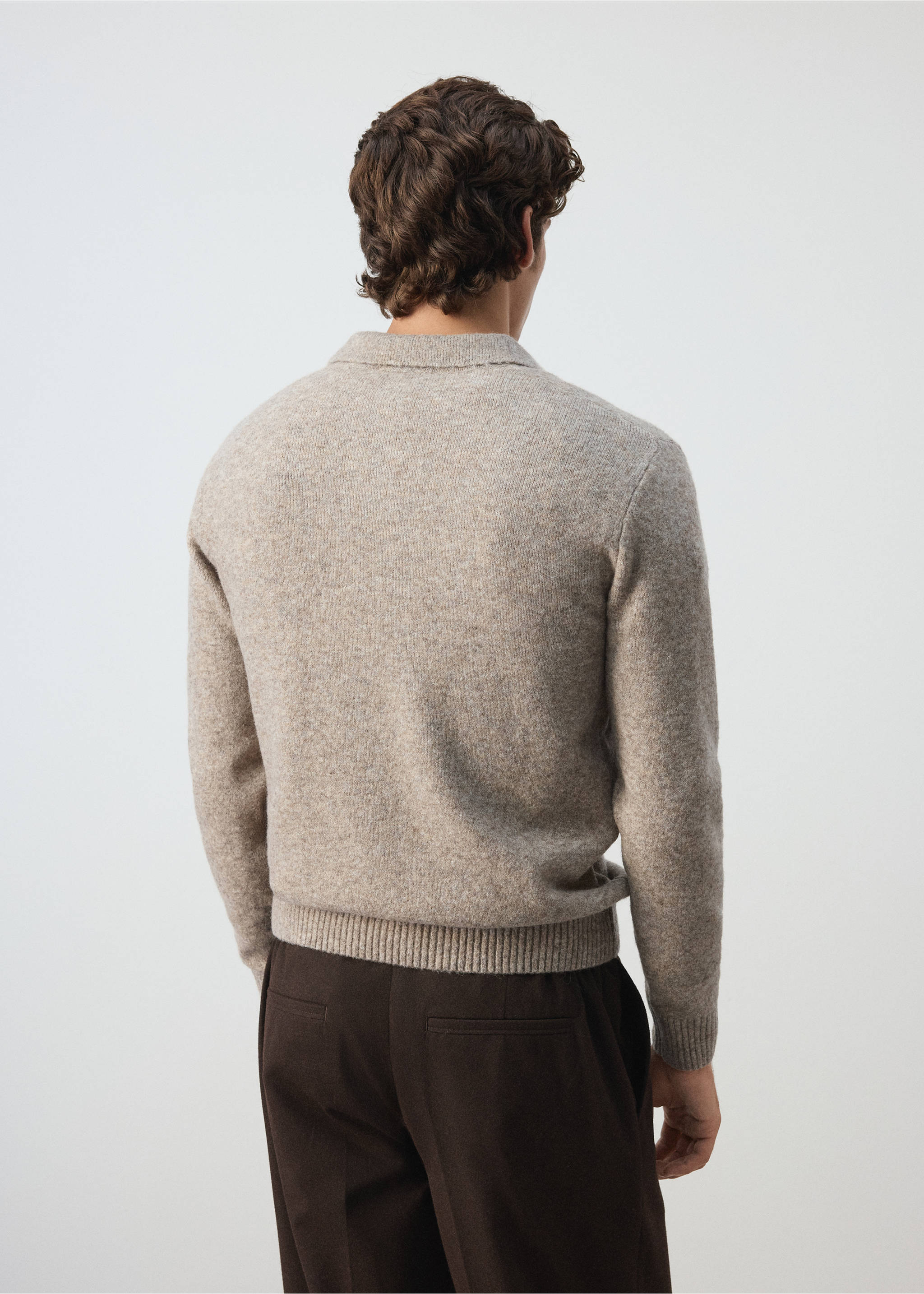 Back view of a beige knit polo sweater with long sleeves., Beige. Ref: 37047916-00.