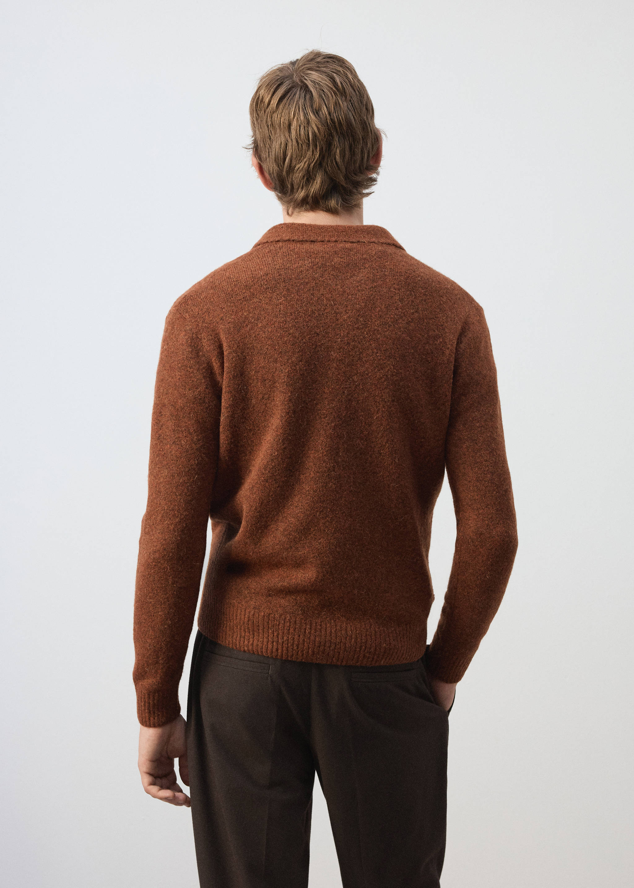 Brown knitted polo shirt seen from the back.