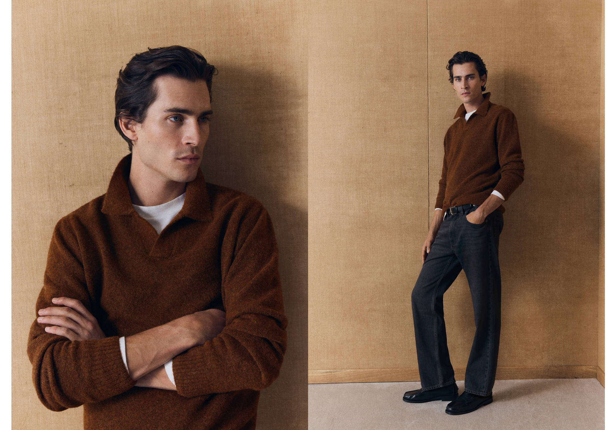 Brown textured knit polo shirt worn by a model in a two-part view.