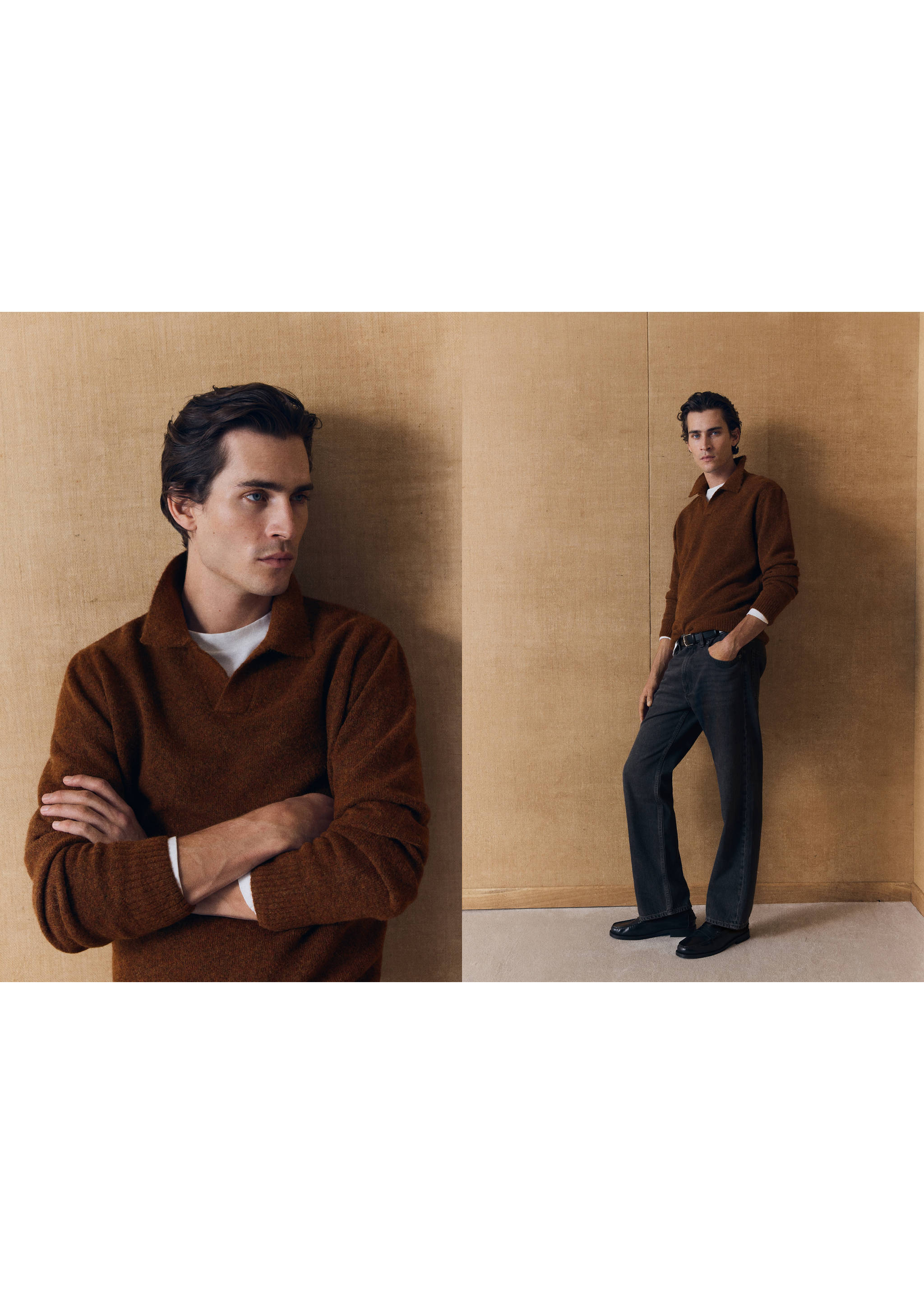 Brown textured knit polo shirt worn by a model in a two-part view., Burnt Orange. Ref: 37047916-00.