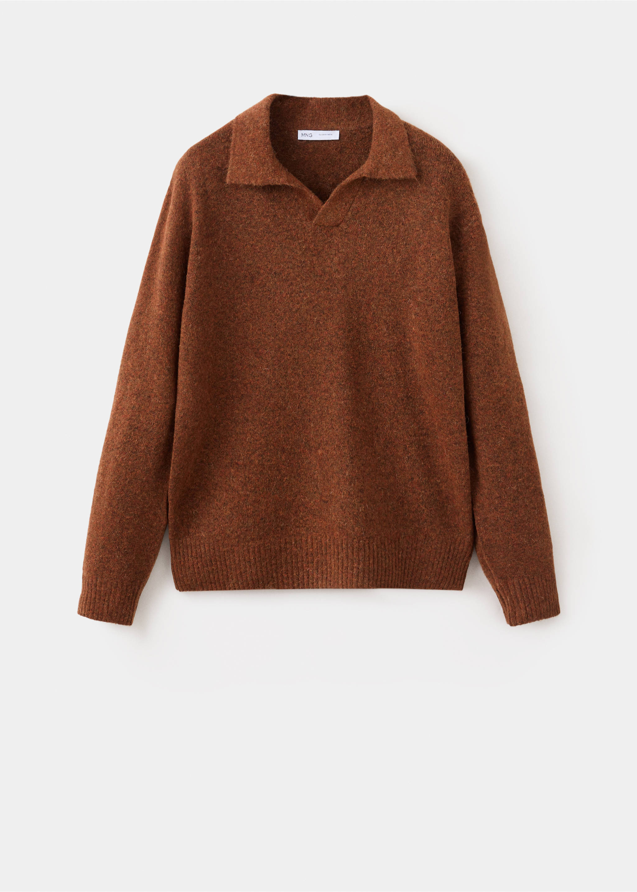 Brown knit polo with long sleeves, a classic collar and an open V-neckline., Burnt Orange. Ref: 37047916-00.