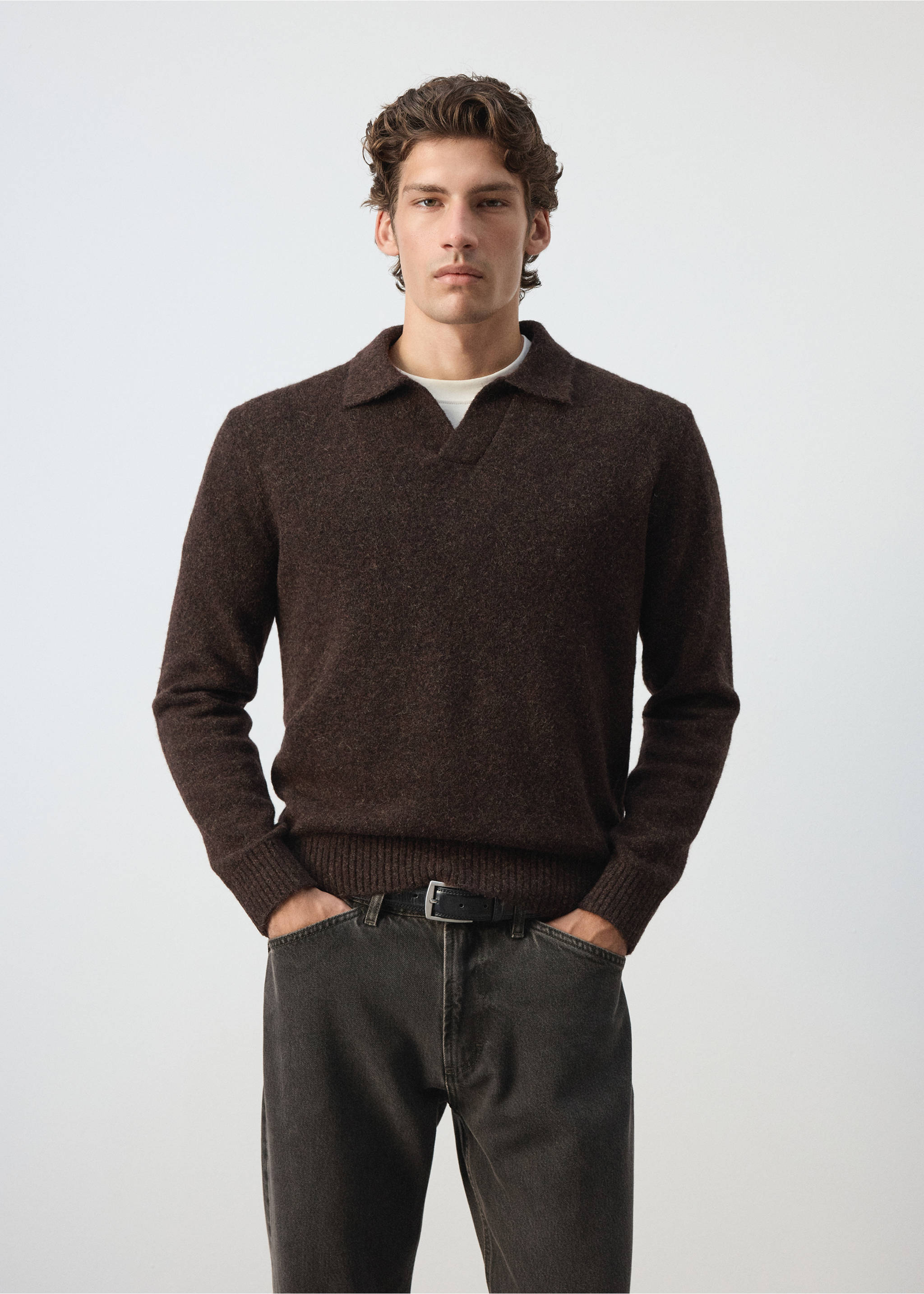 Dark brown knitted polo sweater with a V-neck collar., Chocolate. Ref: 37047916-00.