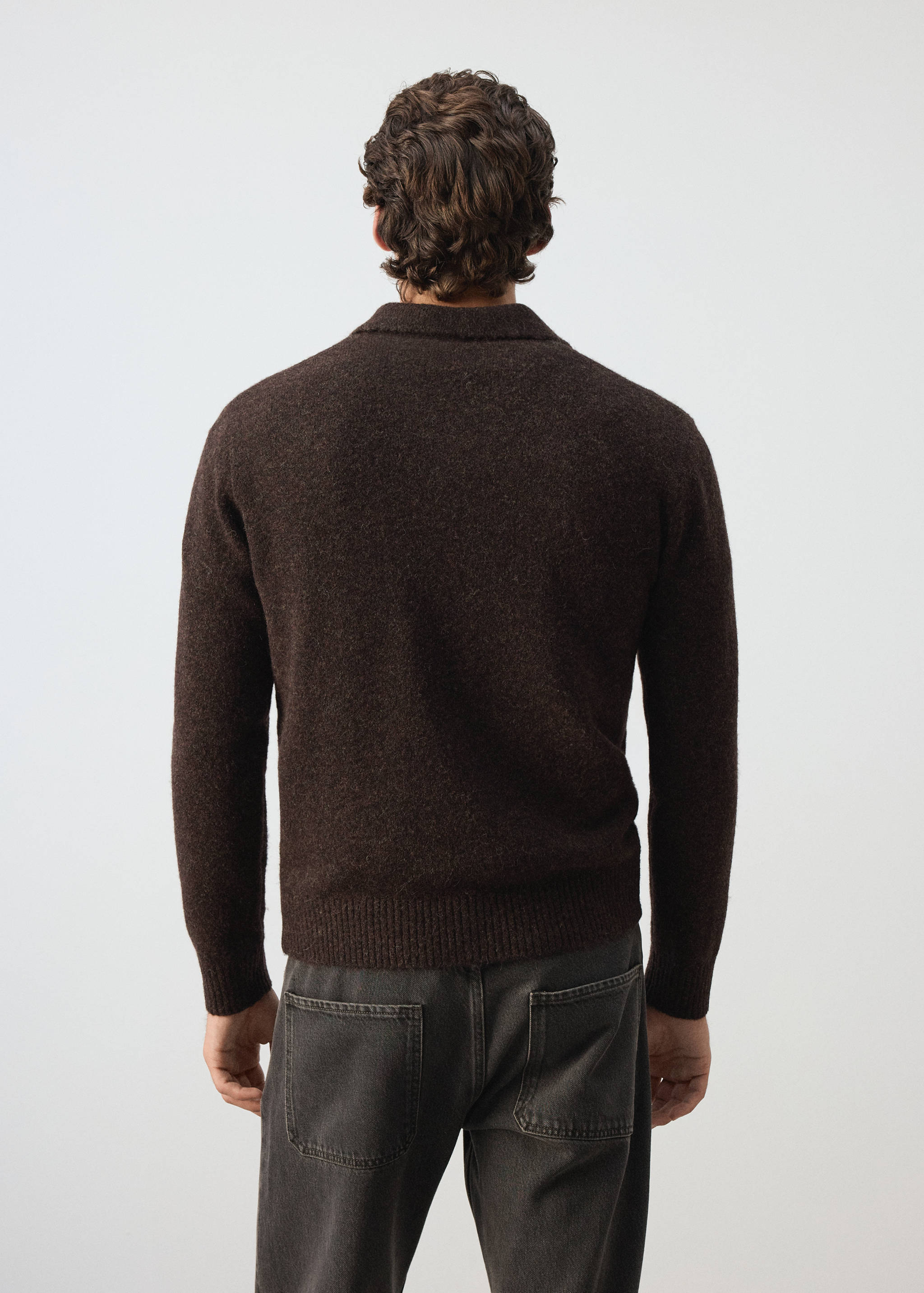 Dark brown long-sleeved polo shirt, back view.