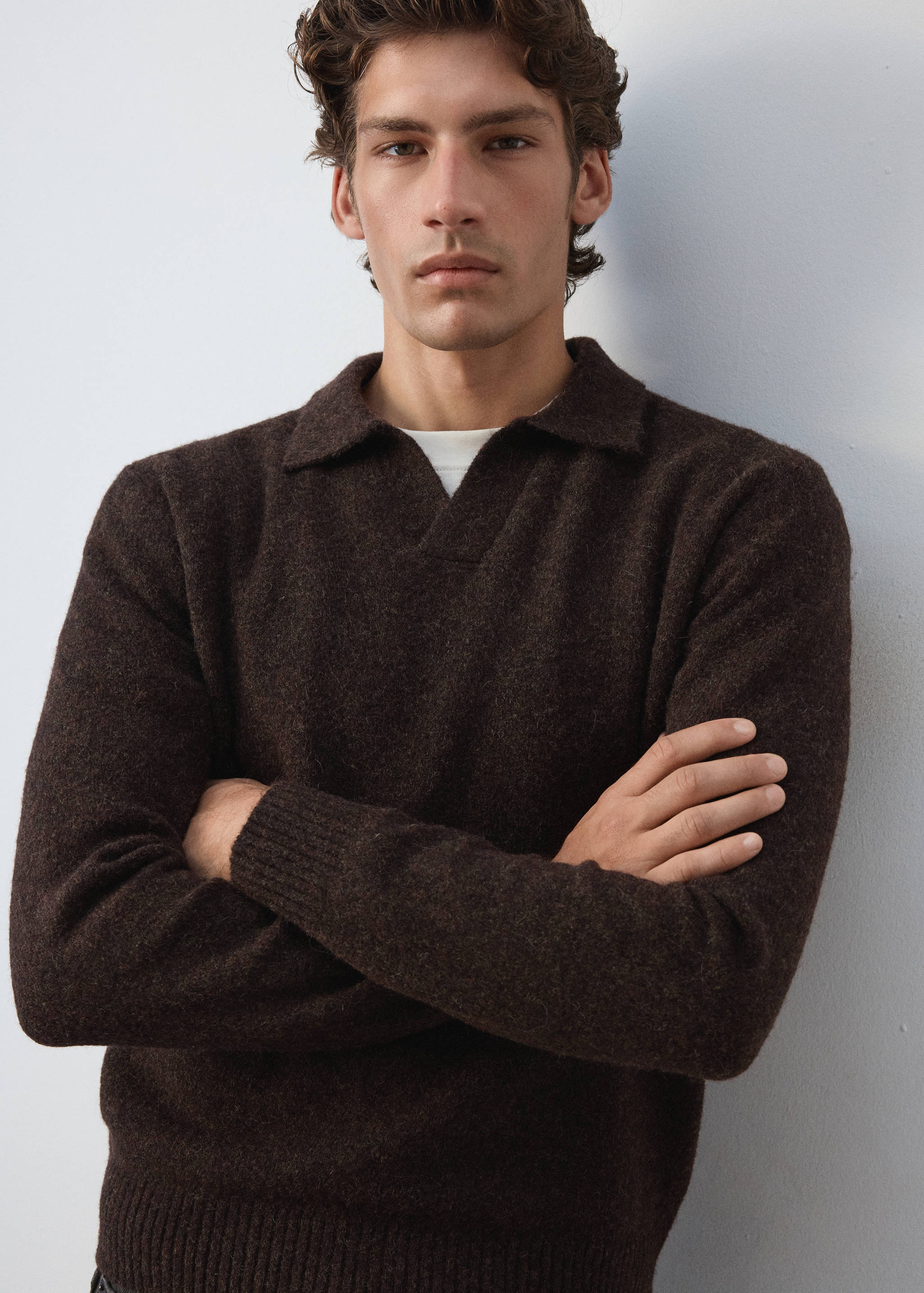 Dark brown knitted polo shirt with collar and ribbed trim.