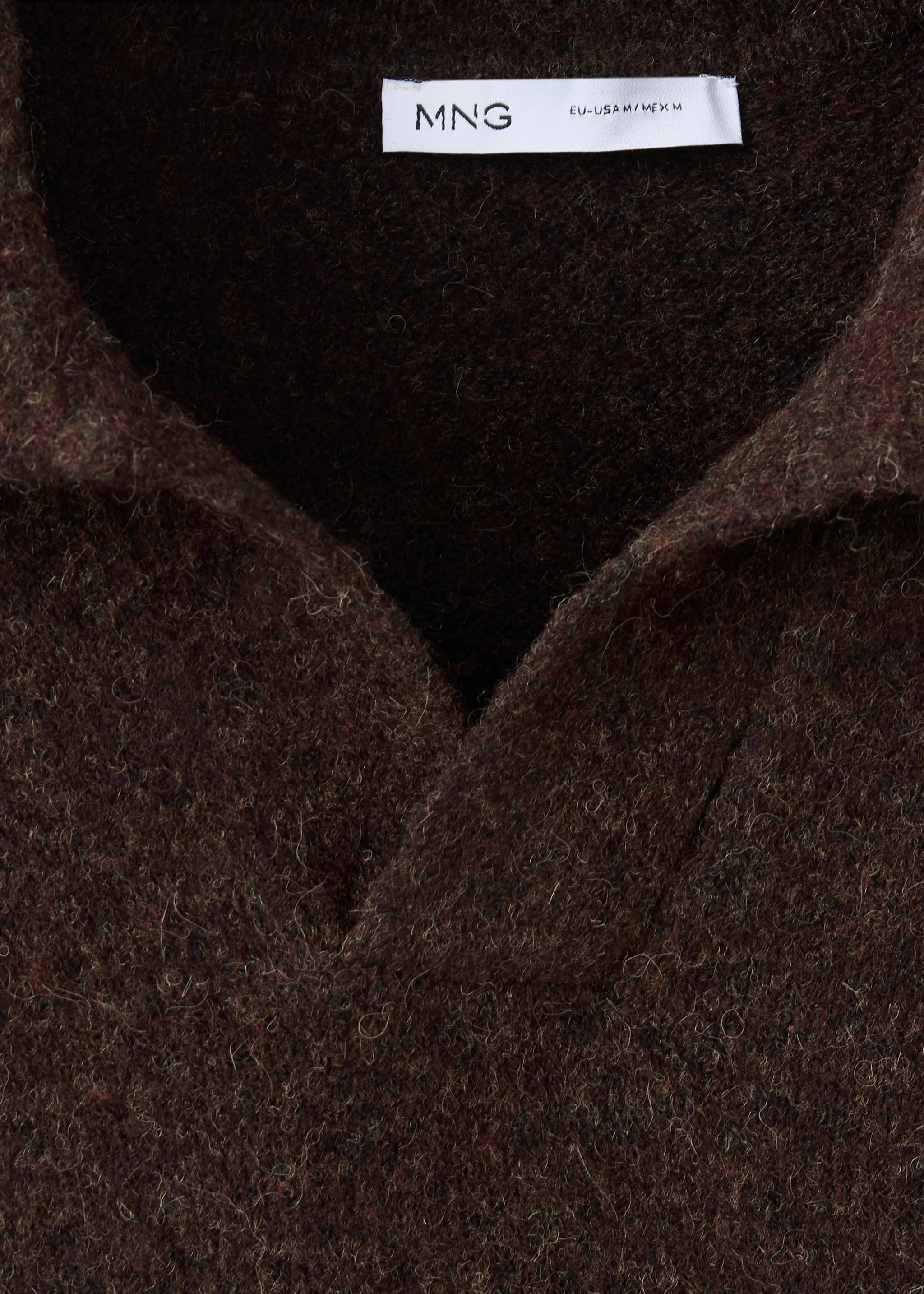 Close-up of a dark brown fuzzy knit polo collar and neckline., Chocolate. Ref: 37047916-00.