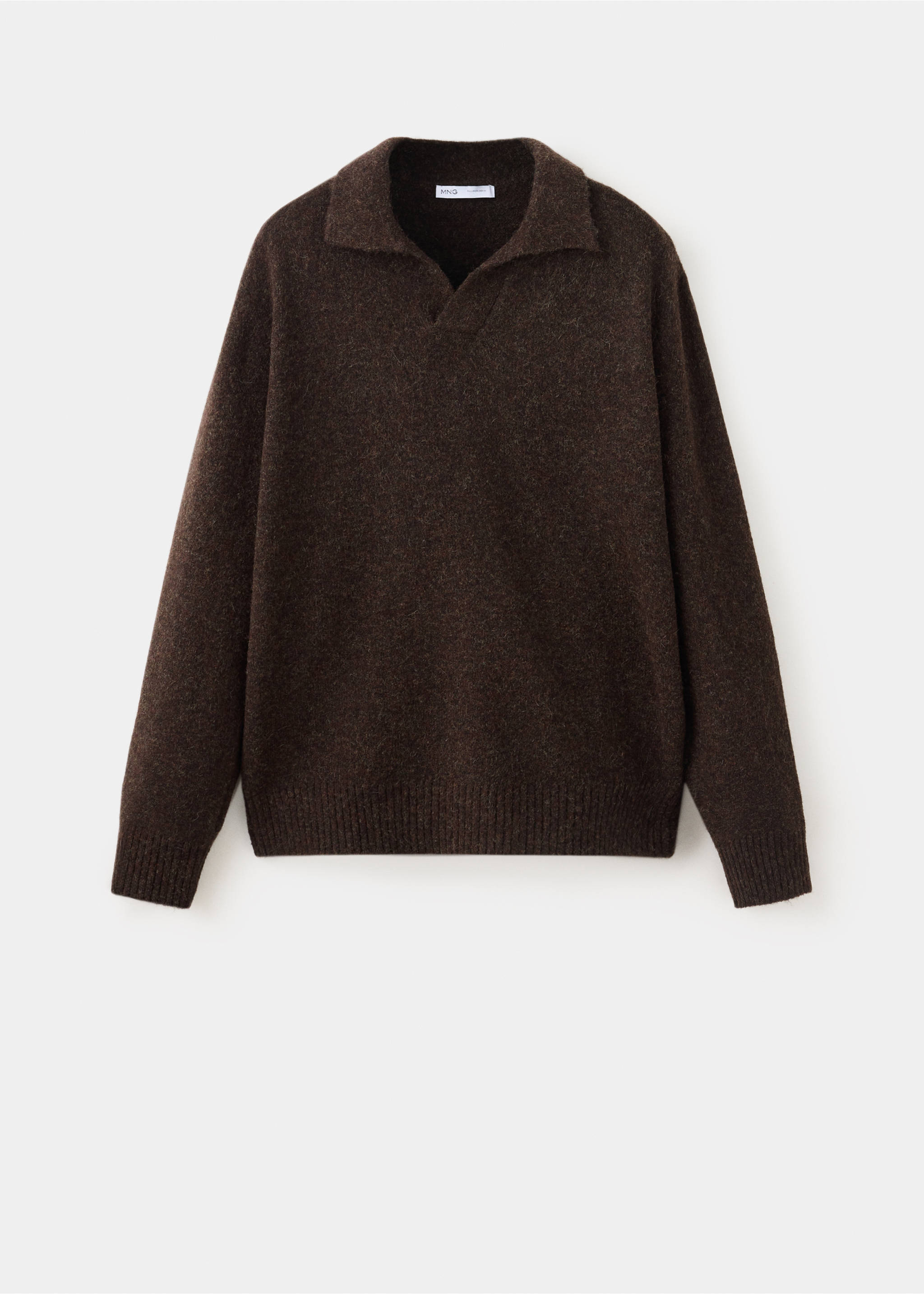 Dark brown textured knit polo with long sleeves and a collar., Chocolate. Ref: 37047916-00.