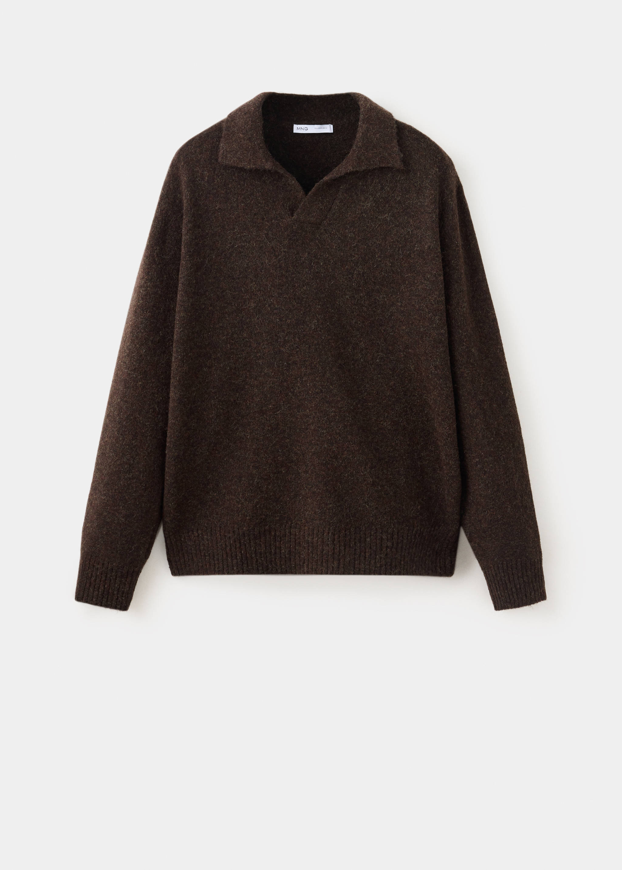 Dark brown textured knit polo with long sleeves and a collar.