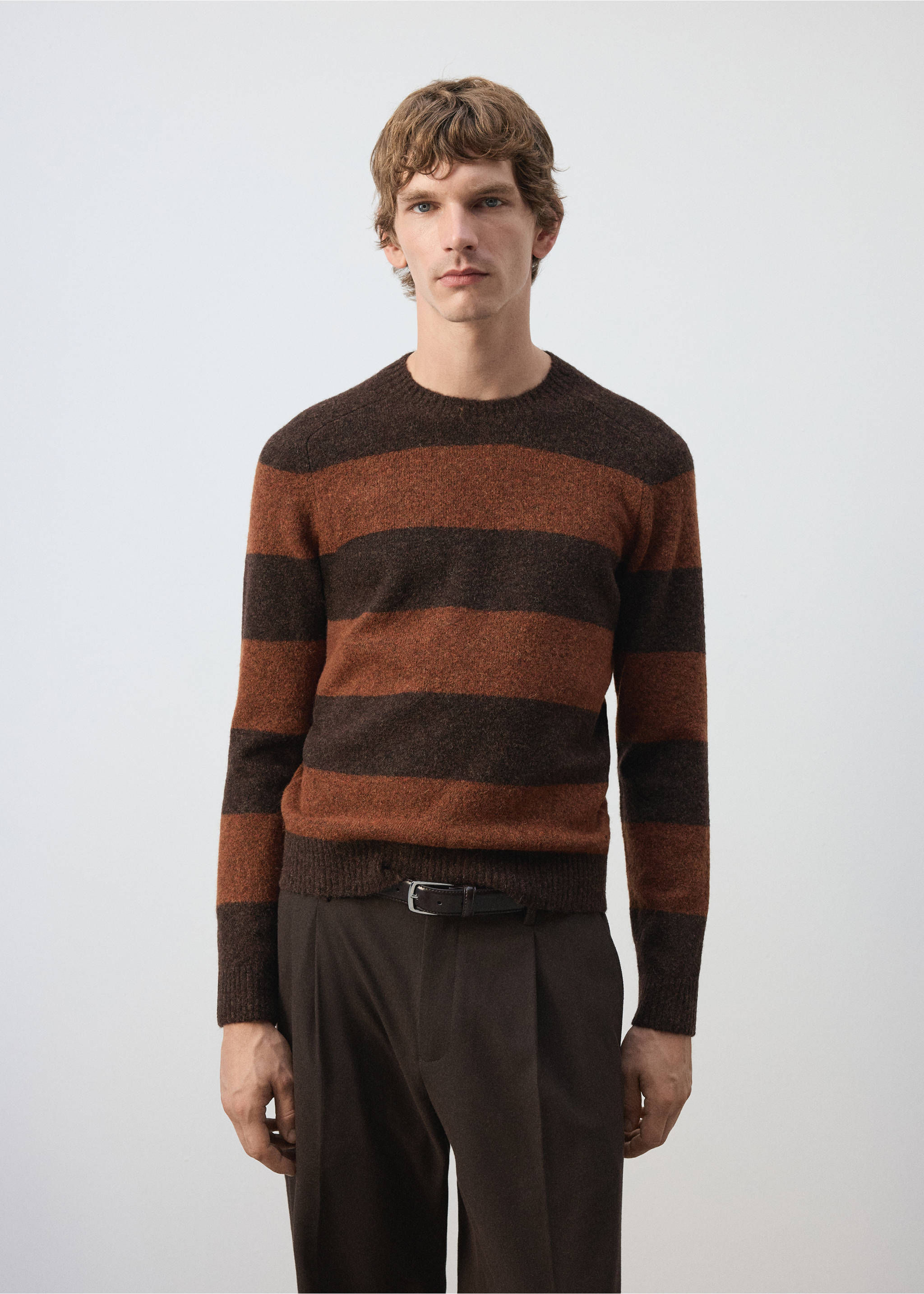 Brown and rust orange striped crew-neck jersey in a textured knit., Burnt Orange. Ref: 37047917-00.