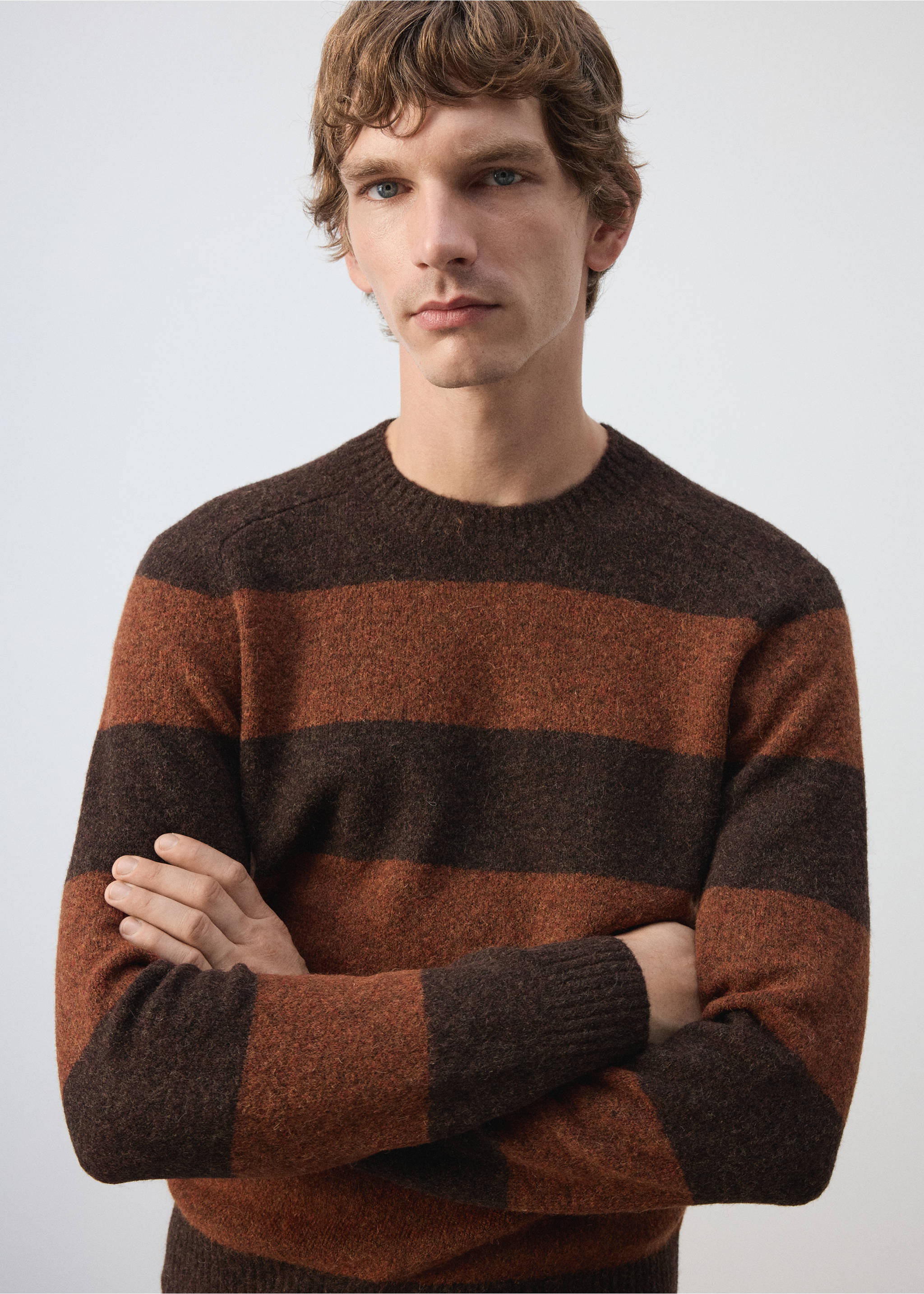 Brown and rust orange striped crew neck jersey worn by a male model., Burnt Orange. Ref: 37047917-00.