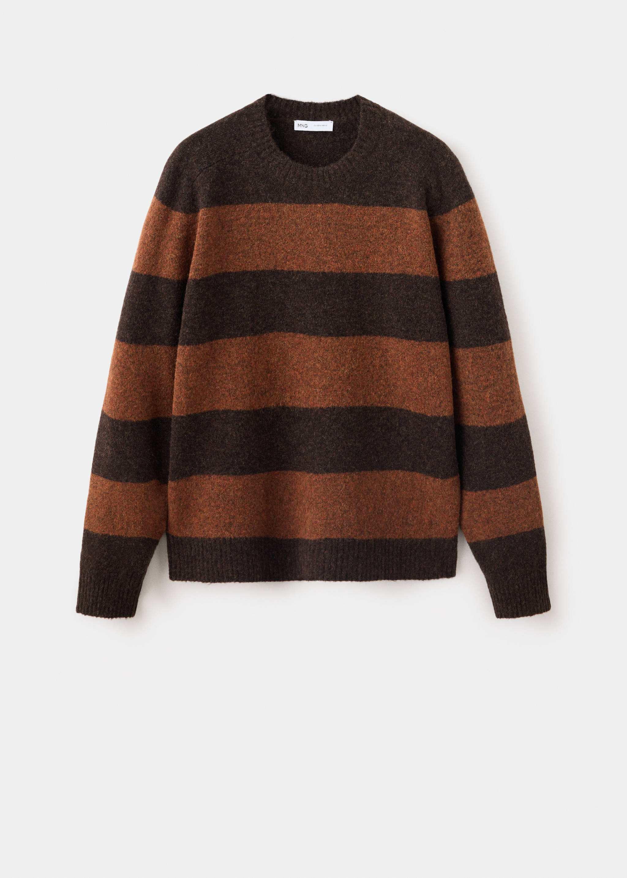 Brown striped knit jersey with a crew neckline and ribbed trim.