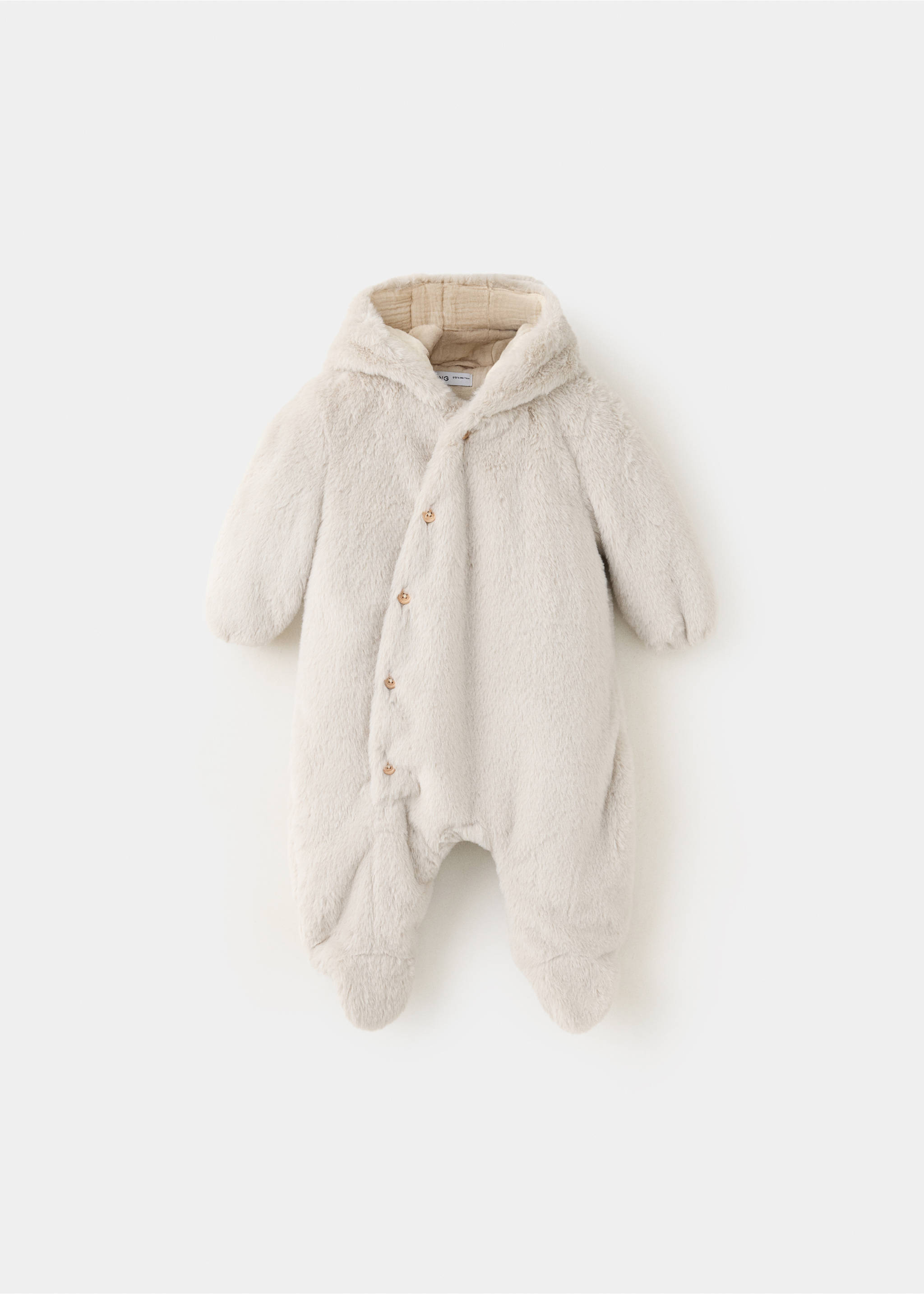 Off-white faux-fur baby hooded coat with integrated footies and diagonal button placket., Sand. Ref: 37047918-00.