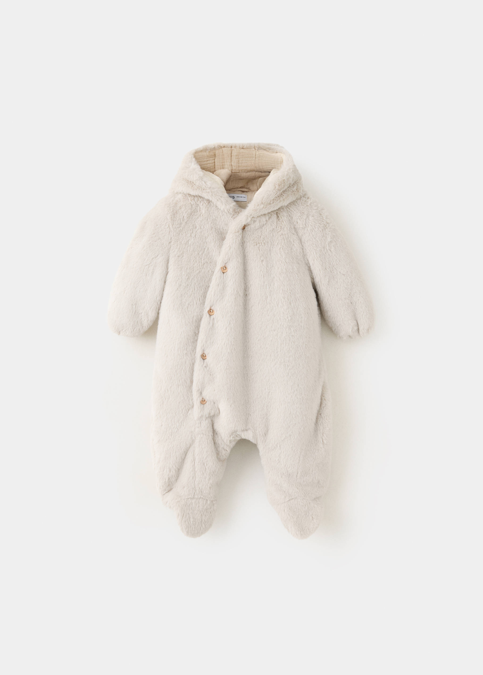 Off-white faux-fur baby hooded coat with integrated footies and diagonal button placket.