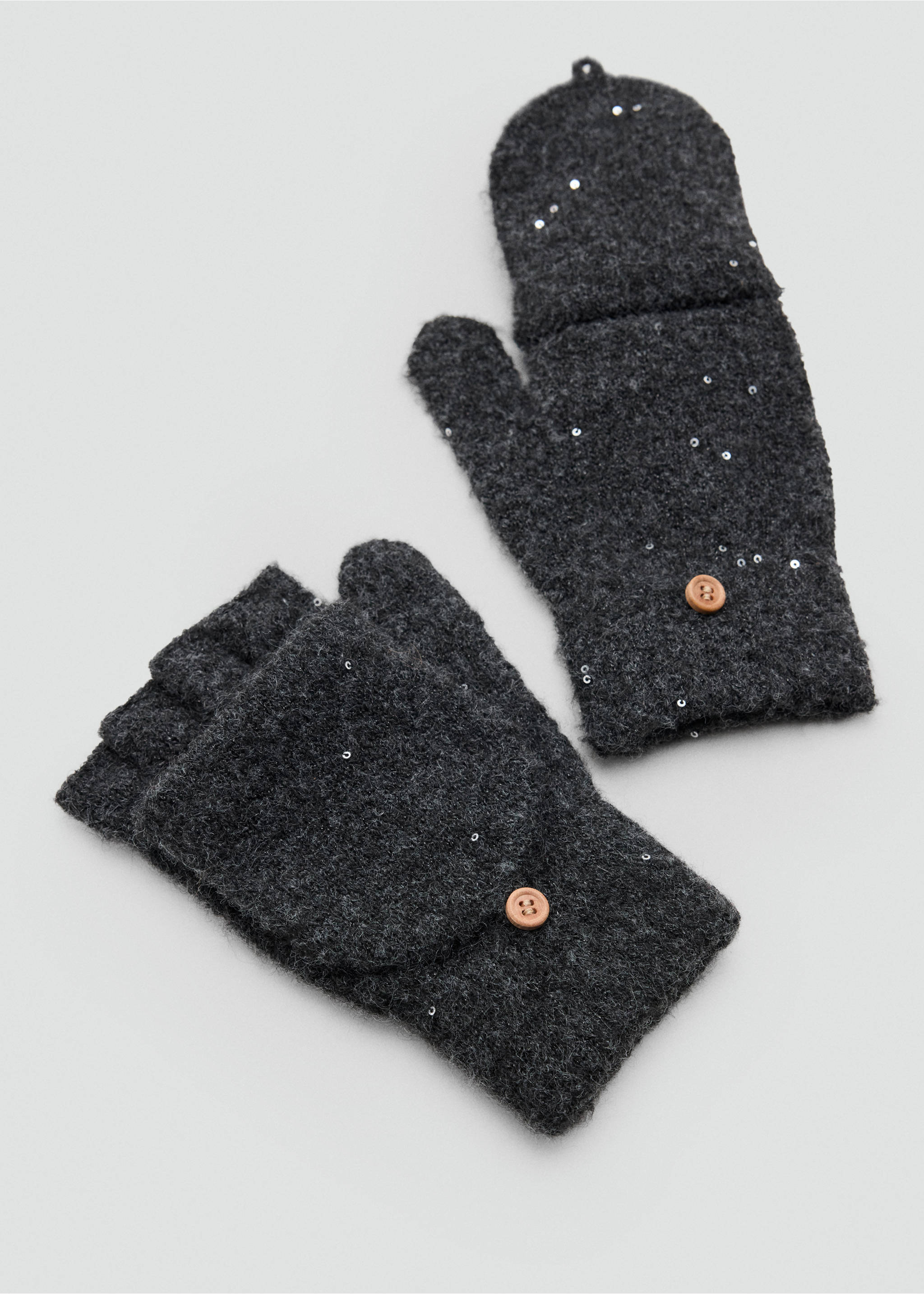 Dark grey knit sequin convertible mittens with a button detail., Charcoal. Ref: 37047920-00.