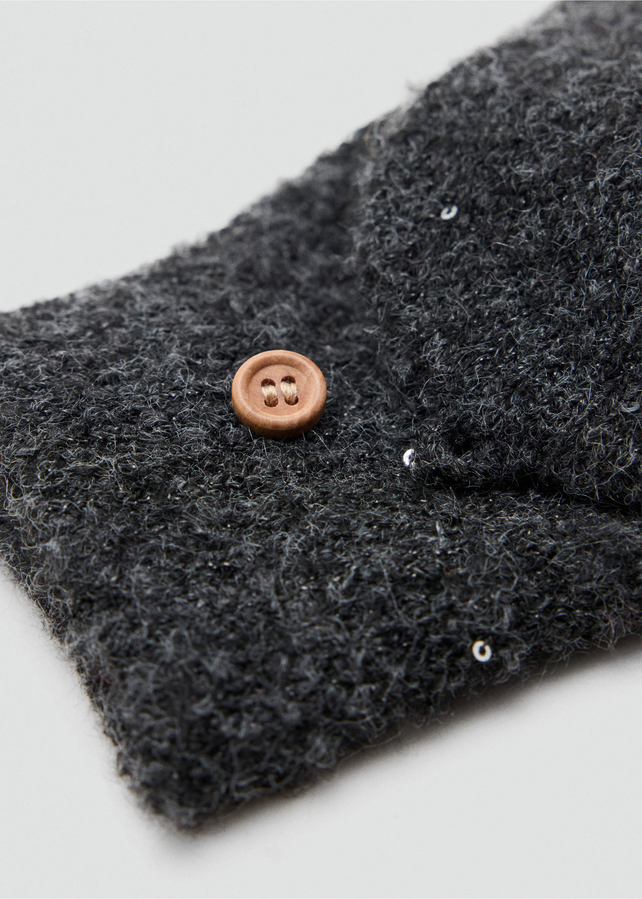 Dark grey fuzzy knit gloves with sequins and a button detail., Charcoal. Ref: 37047920-00.