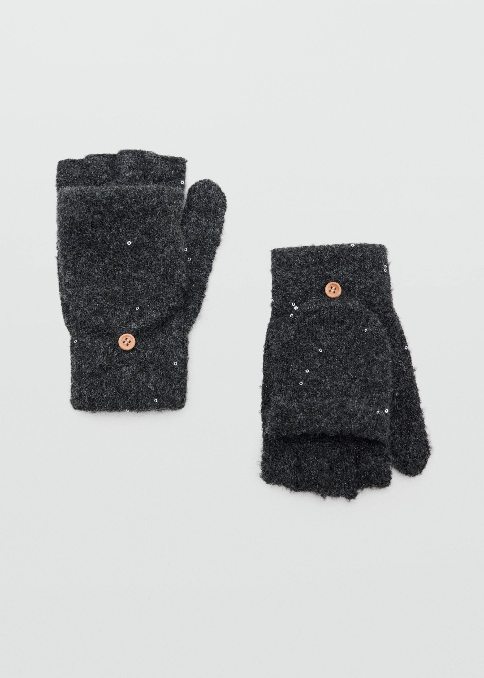 Dark grey knit fingerless gloves with sequin embellishments and buttoned mitten flaps., Charcoal. Ref: 37047920-00.