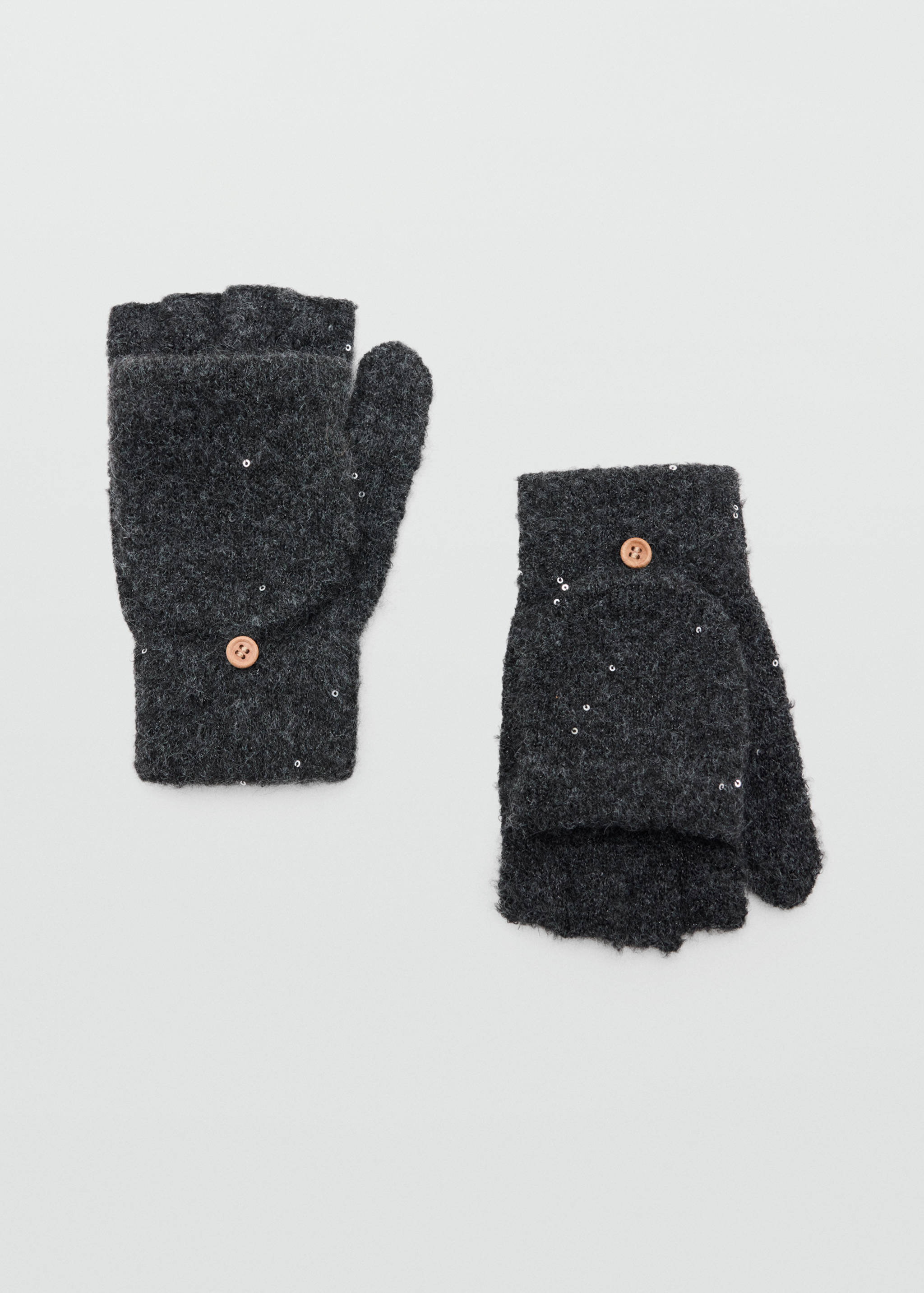 Dark grey knit fingerless gloves with sequin embellishments and buttoned mitten flaps.