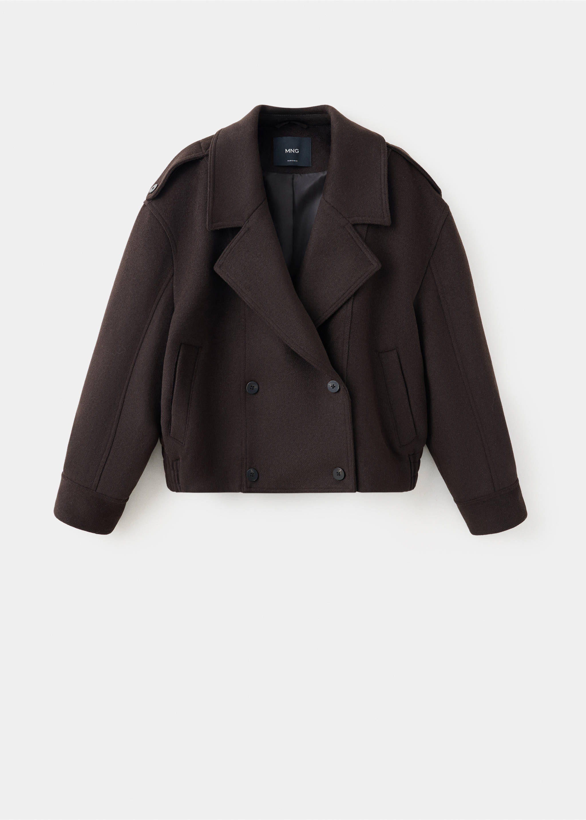 Dark brown double-breasted short jacket with lapel collar and buttons., Chocolate. Ref: 37047922-00.