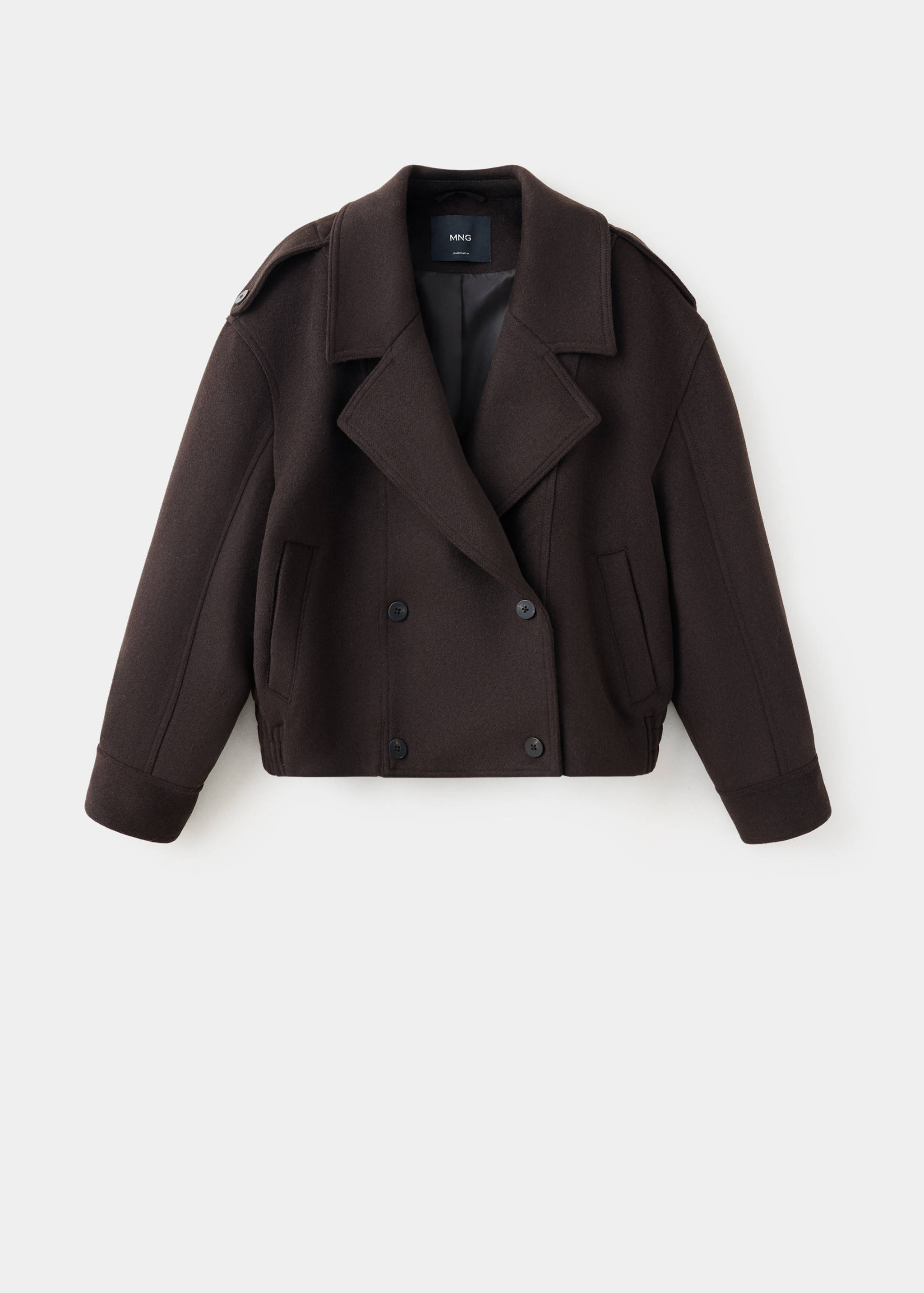 Dark brown double-breasted short jacket with lapel collar and buttons.