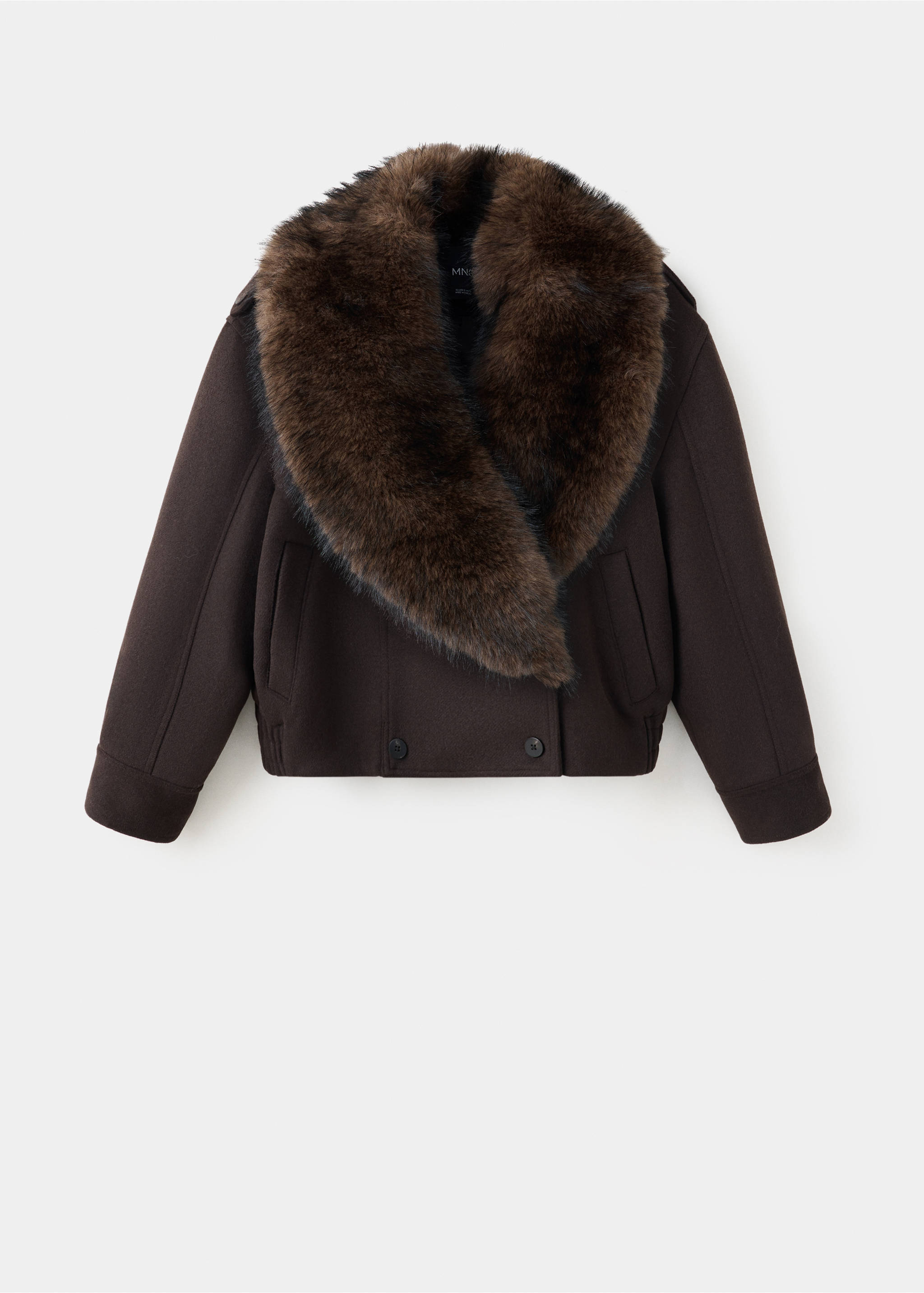 Dark brown jacket with a plush faux-fur collar and ribbed hem., Chocolate. Ref: 37047922-00.