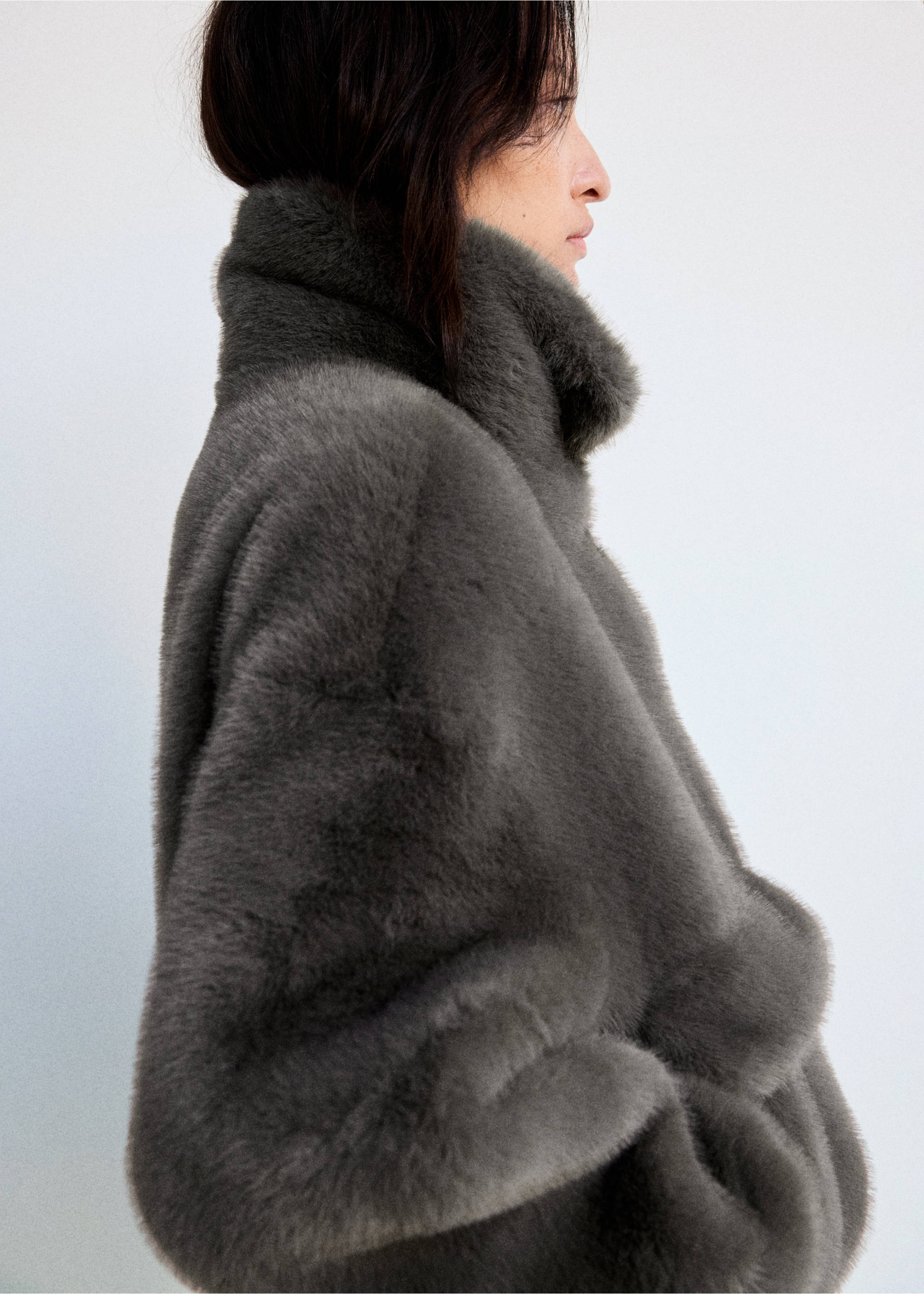 Faux fur funnel-neck jacket - Medium plane, Grey. Ref: 37047923-00.