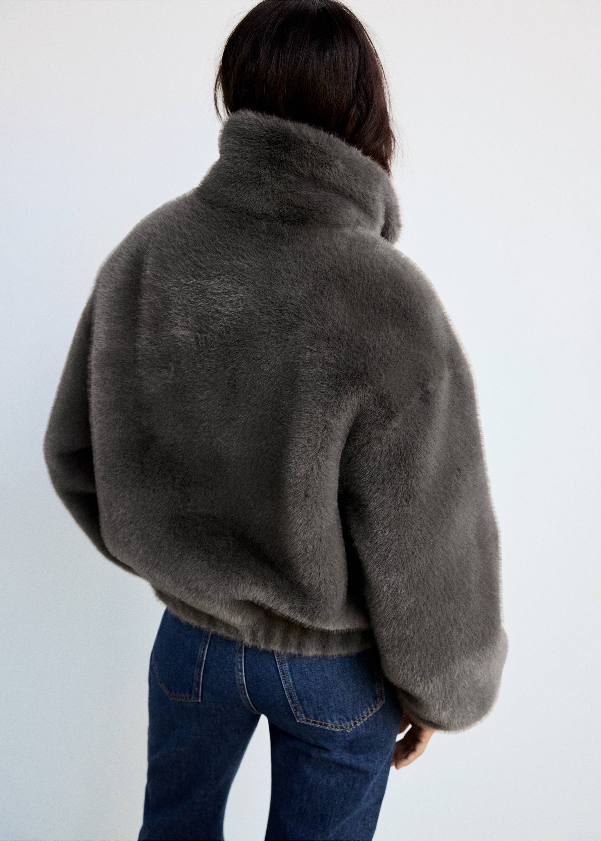 Faux fur funnel-neck jacket - Reverse of the article, Grey. Ref: 37047923-00.