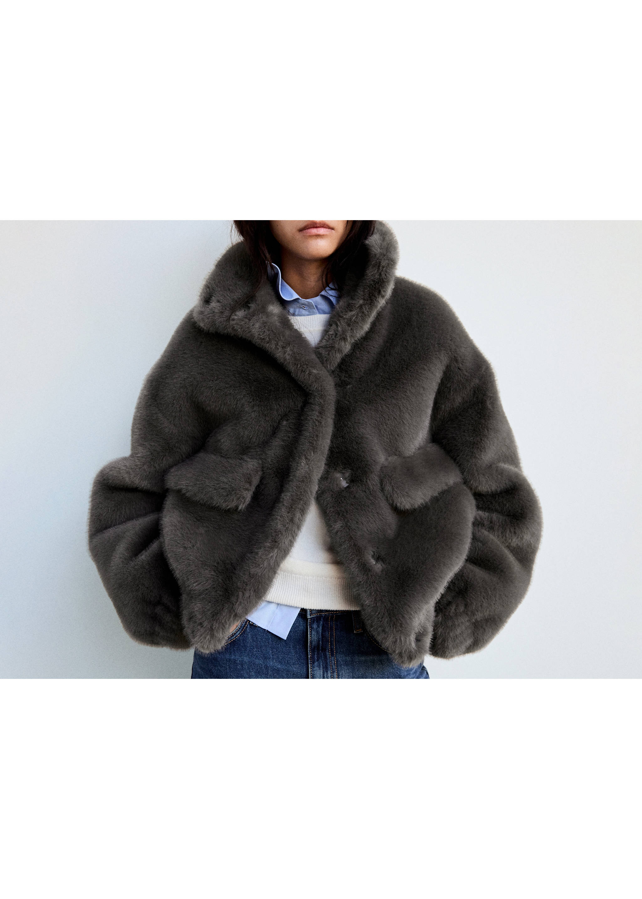 Faux fur funnel-neck jacket - Details of the article 1, Grey. Ref: 37047923-00.