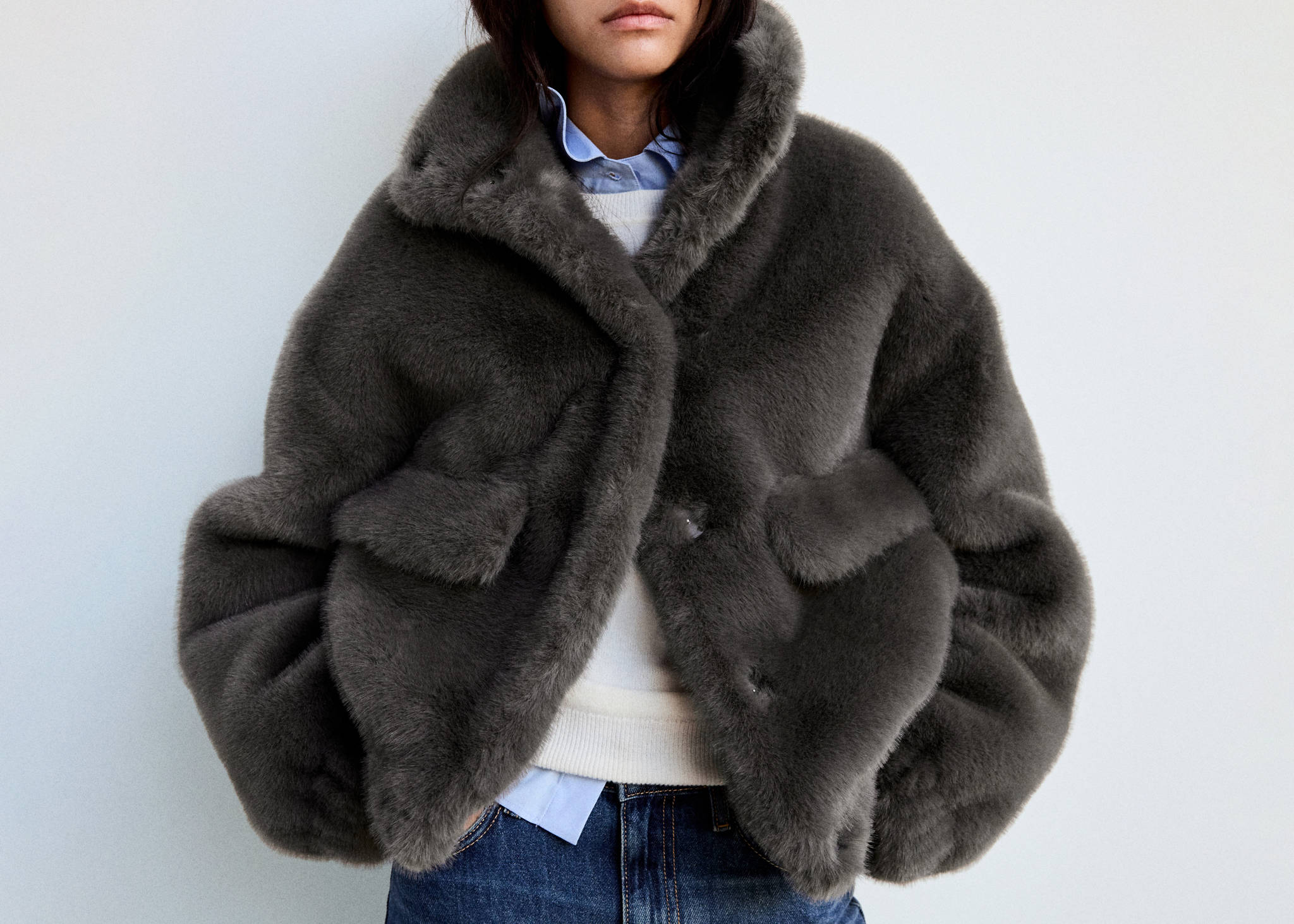 Faux fur funnel-neck jacket - Details of the article 1