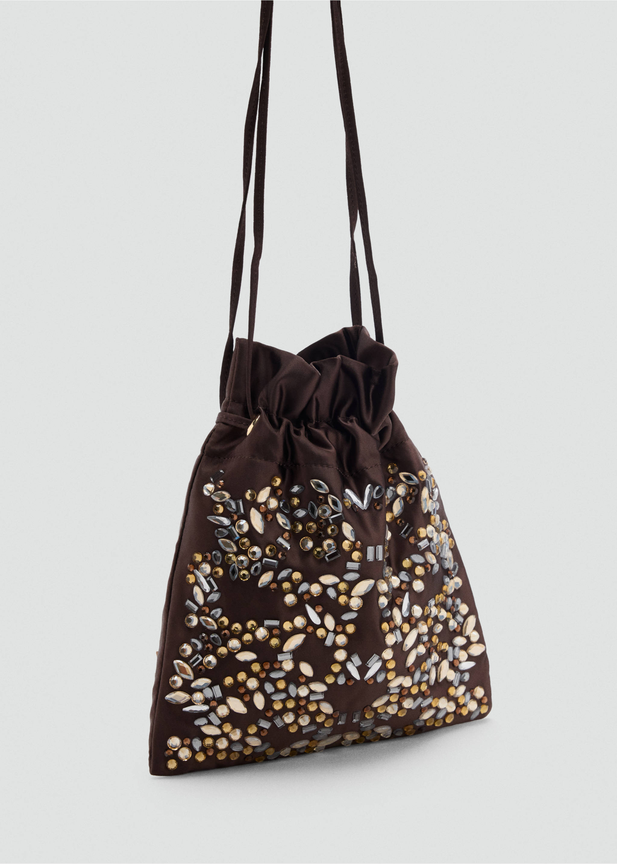 Dark brown satin pouch bag with rhinestone embellishments in a three-quarter view., Brown. Ref: 37047924-00.