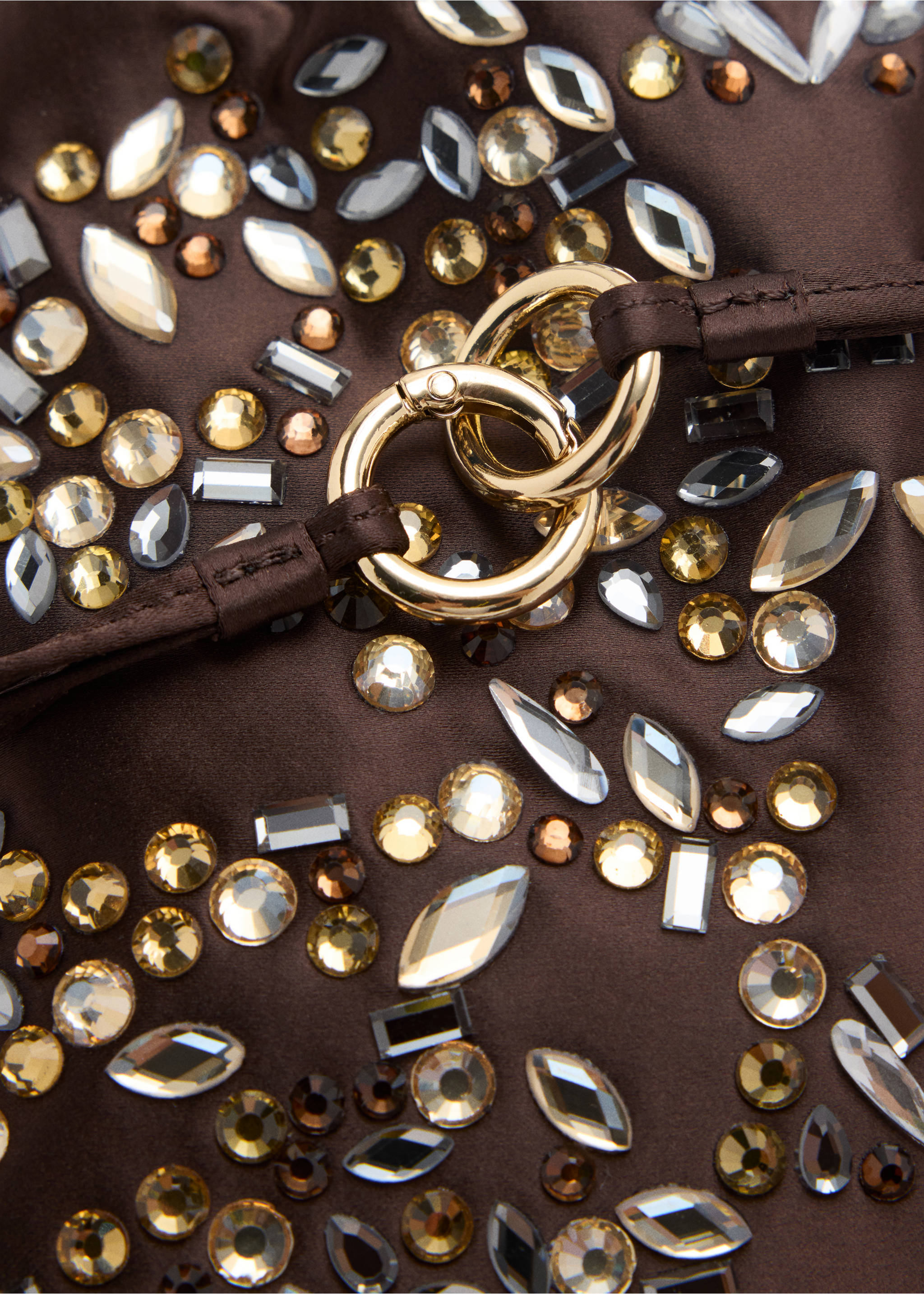 Brown rhinestone-embellished handbag detail with gold rings., Brown. Ref: 37047924-00.