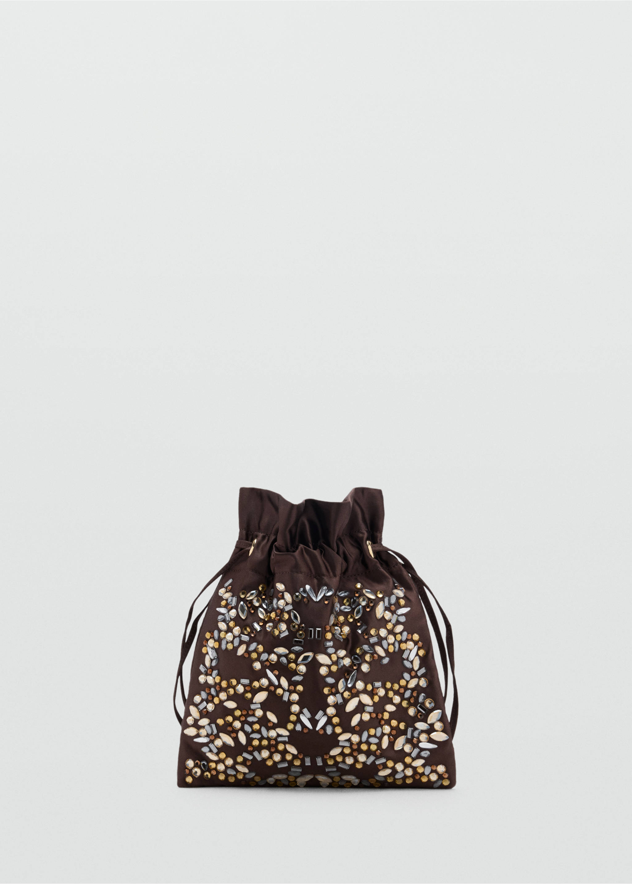 Brown satin drawstring handbag embellished with silver and gold beads., Brown. Ref: 37047924-00.