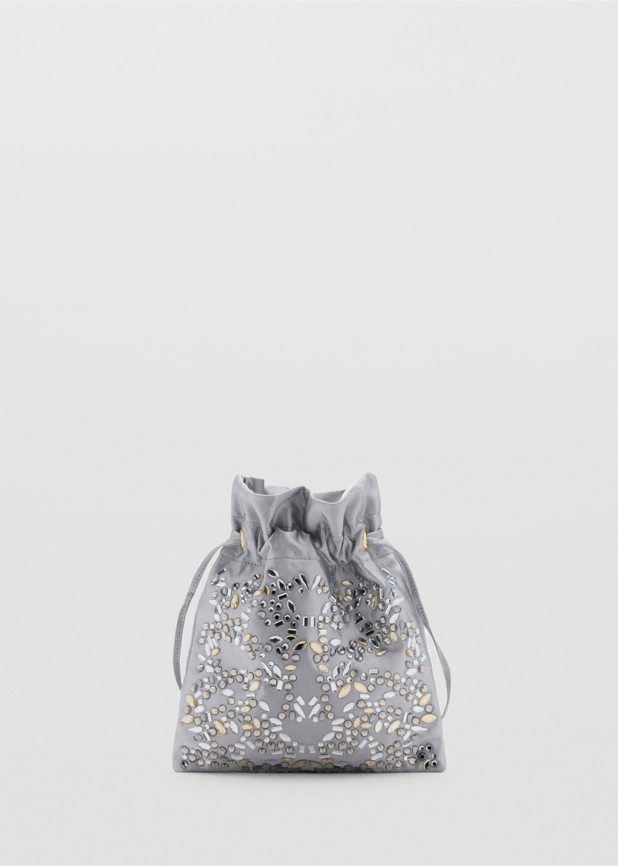 Grey satin pouch handbag with drawstring closure and front rhinestone embellishment., Light/Pastel Grey. Ref: 37047924-00.