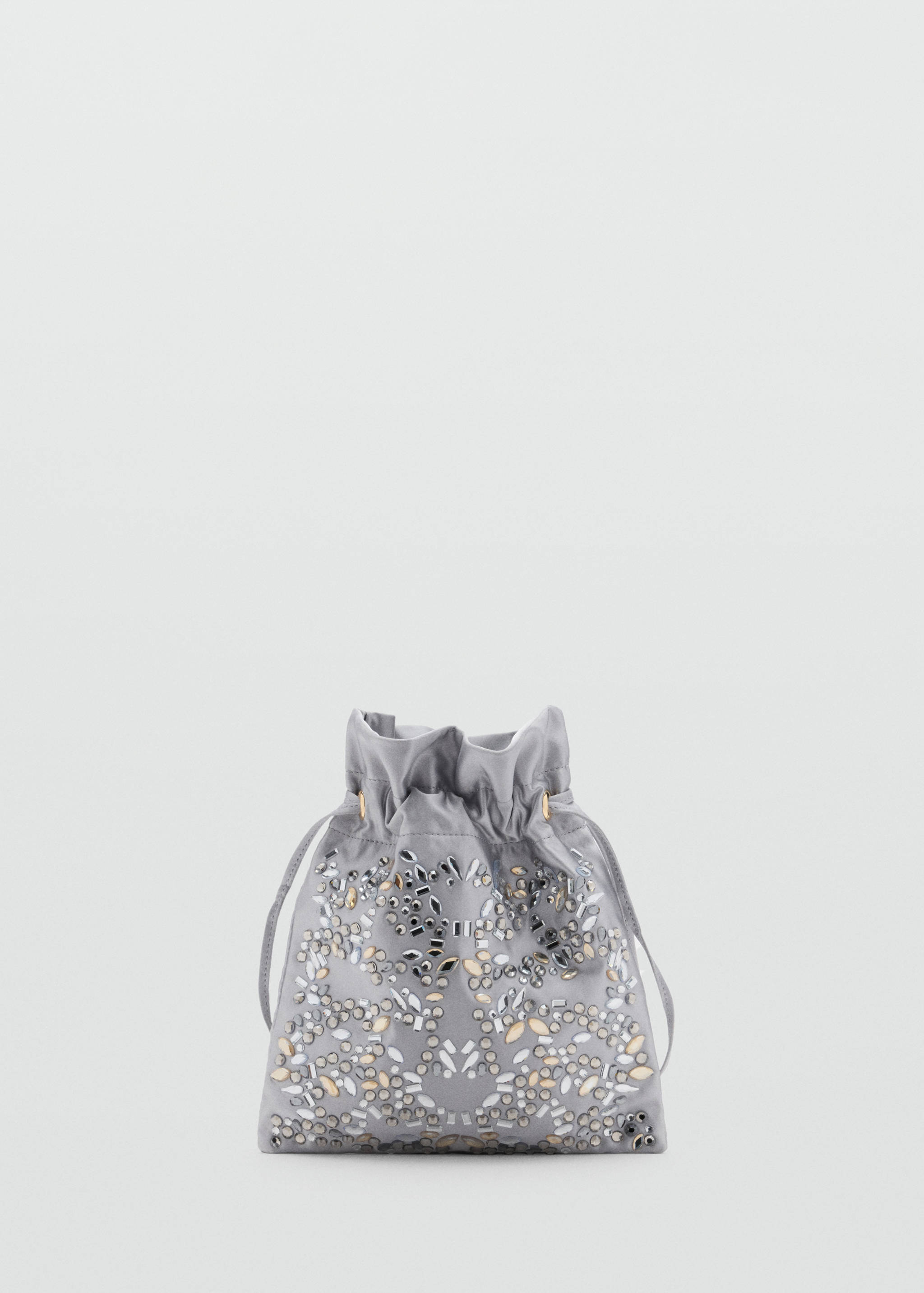 Grey satin pouch handbag with drawstring closure and front rhinestone embellishment.