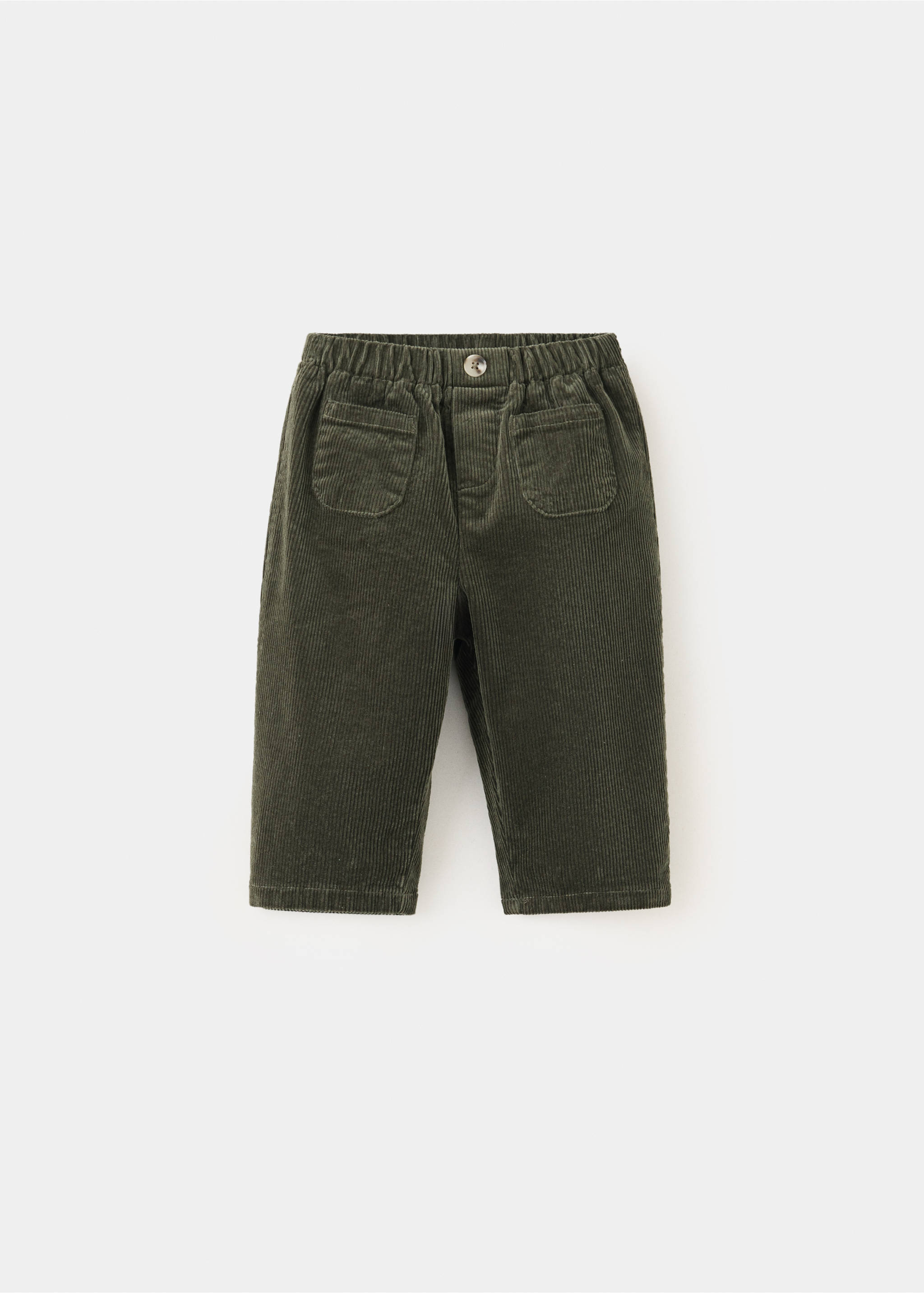Dark green corduroy trousers with an elasticated waistband and front pockets., Dark Green. Ref: 37047927-00.