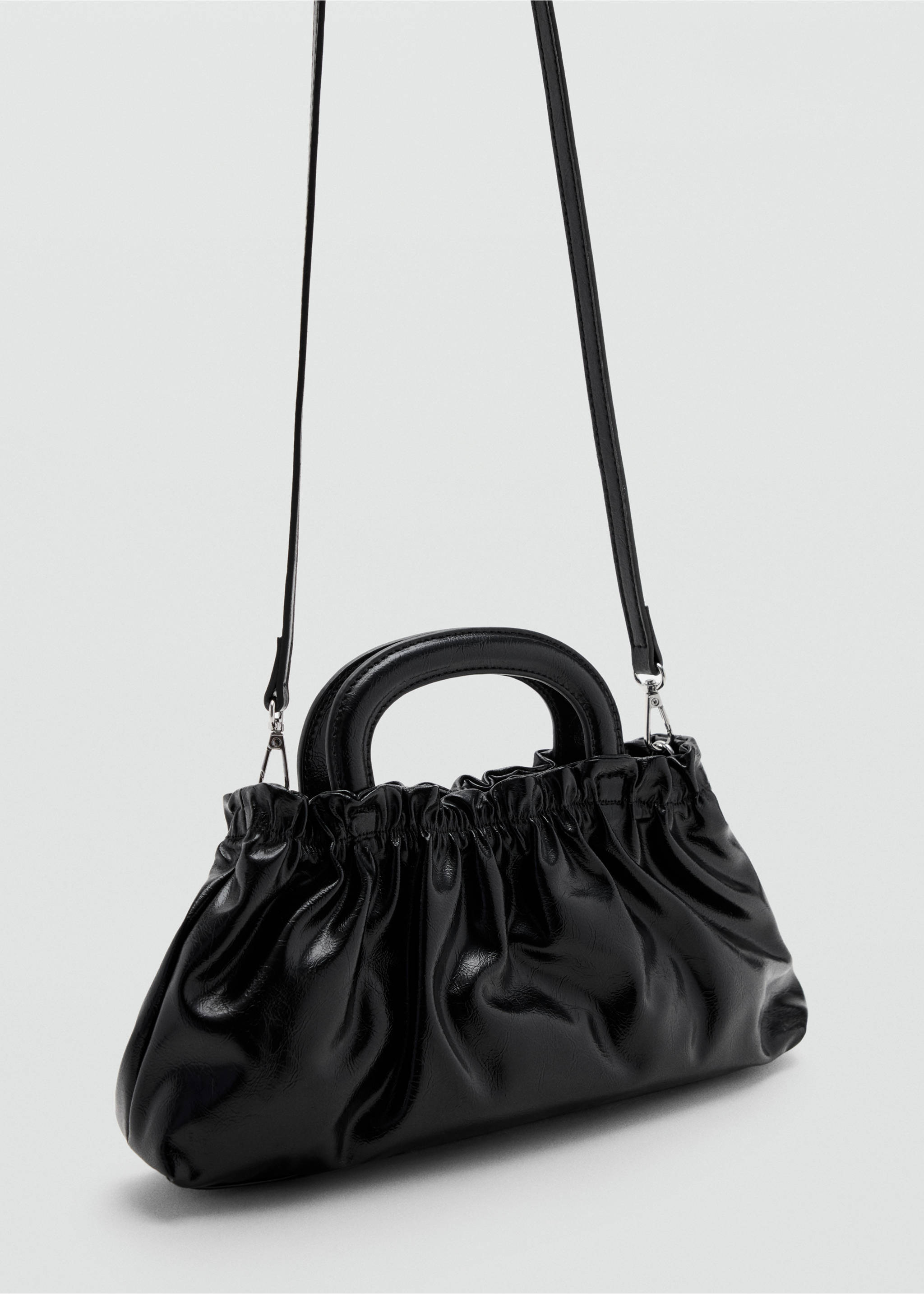 Black glossy mini bag with dual top handles and gathered detailing., Black. Ref: 37047931-00.
