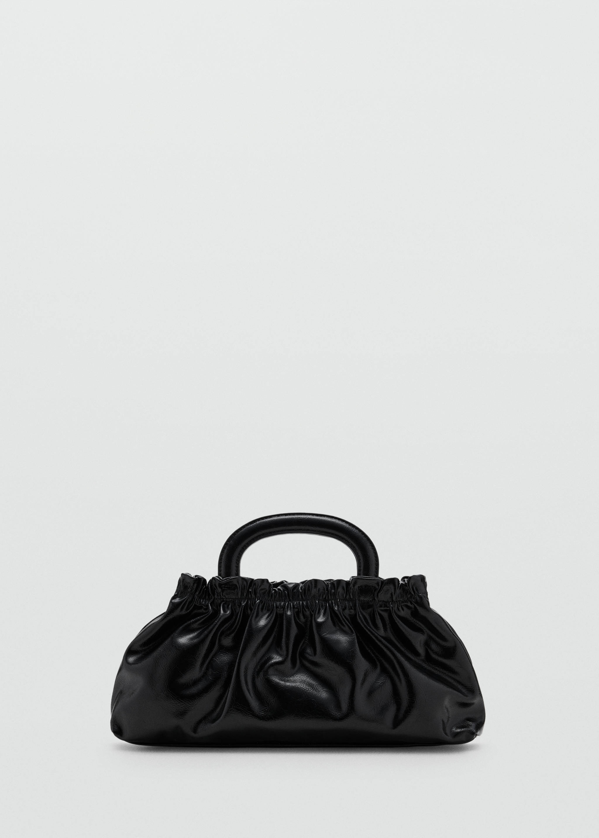 Black mini bag with a glossy gathered pouch design and rounded top handle.