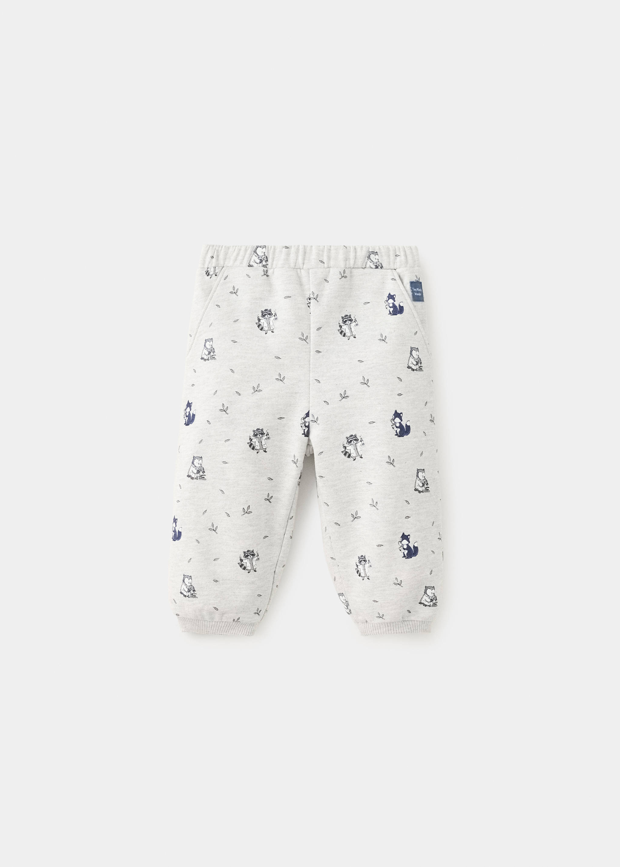 Light grey marled children's joggers with a navy raccoon print and ribbed cuffs.