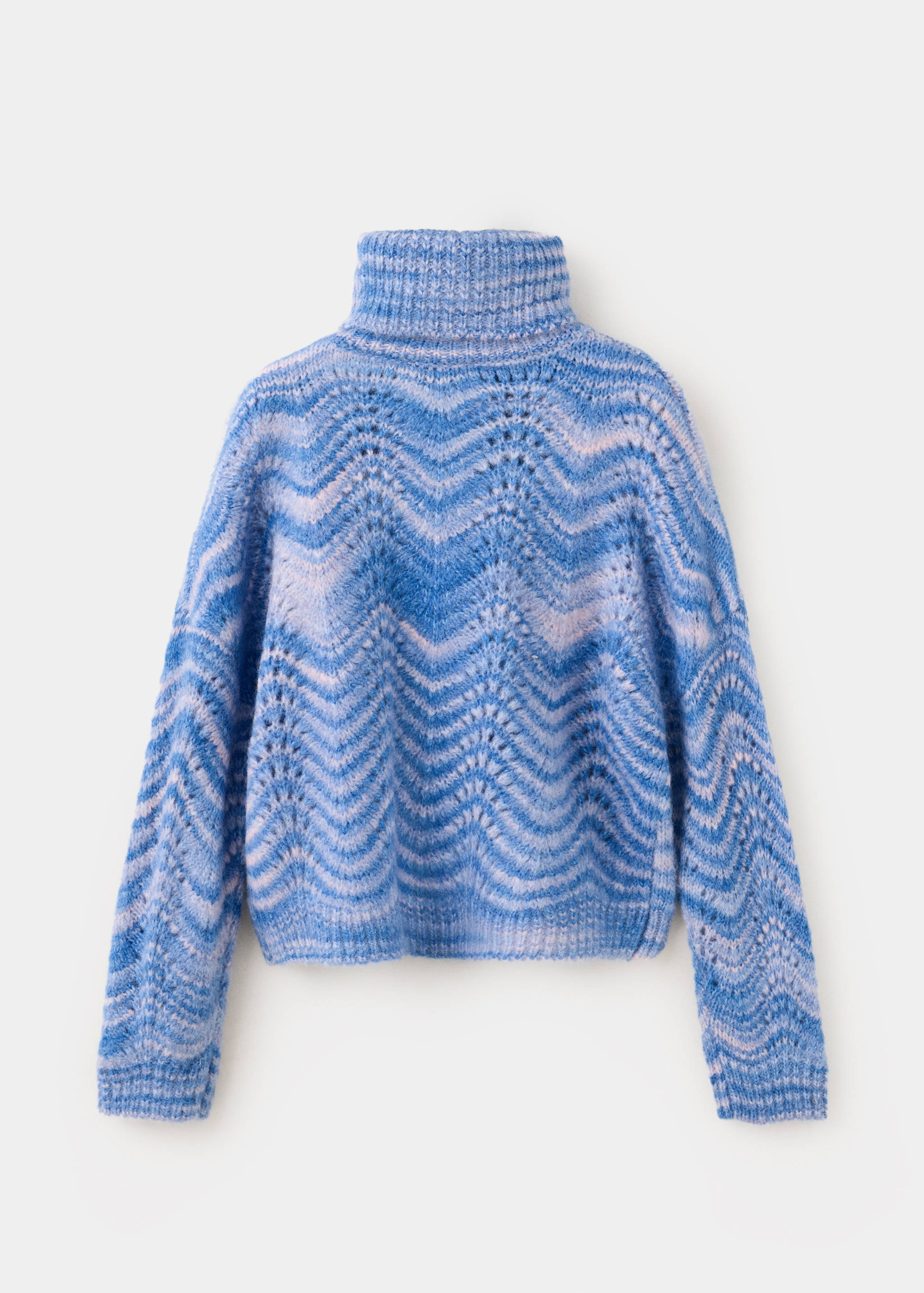 Back view of a blue chevron-patterned roll neck jumper.