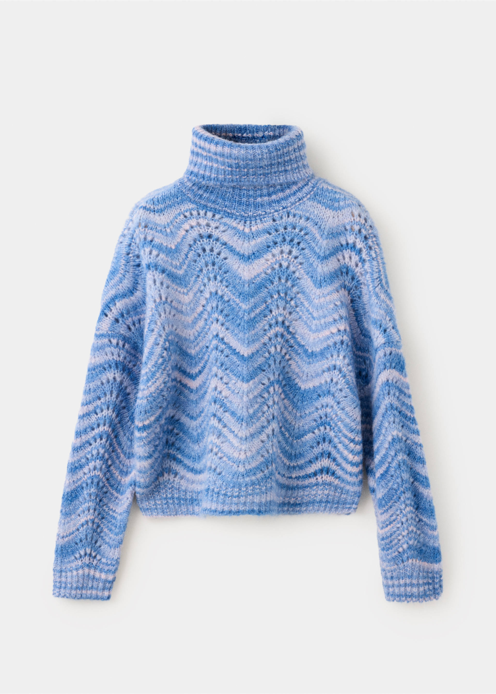 Blue and lavender chevron knit turtleneck sweater with openwork details., Lavender. Ref: 37047933-00.