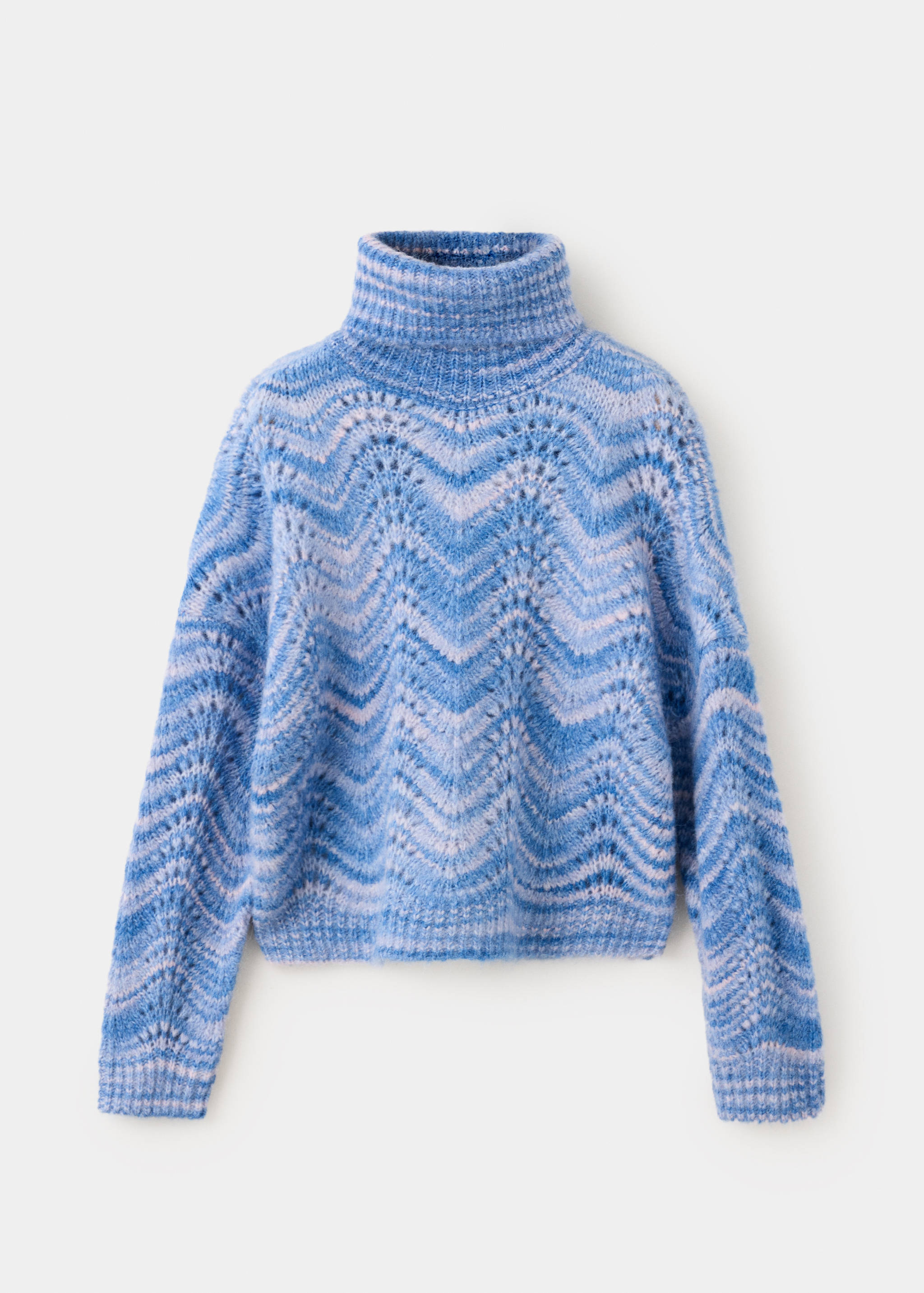 Blue and lavender chevron knit turtleneck sweater with openwork details.
