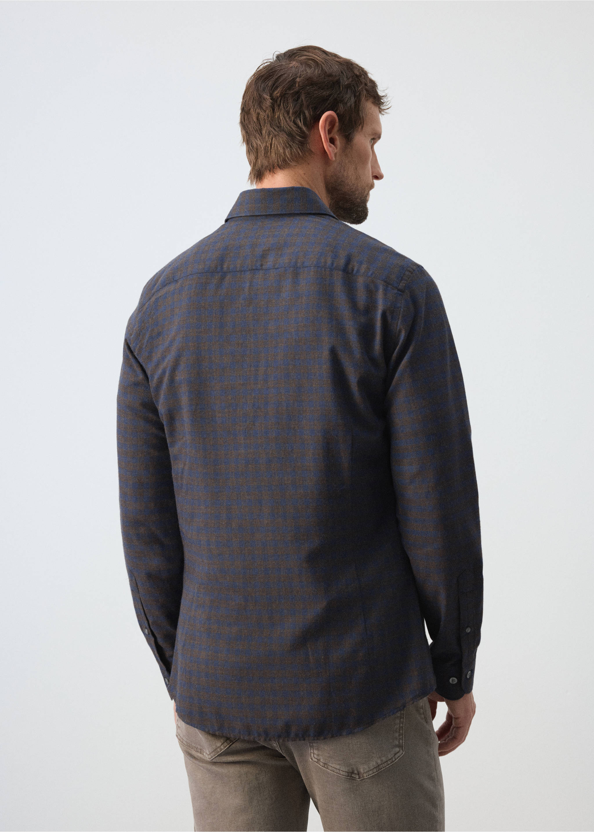 Blue and brown checked long-sleeved shirt, back view., Brown. Ref: 37047934-00.