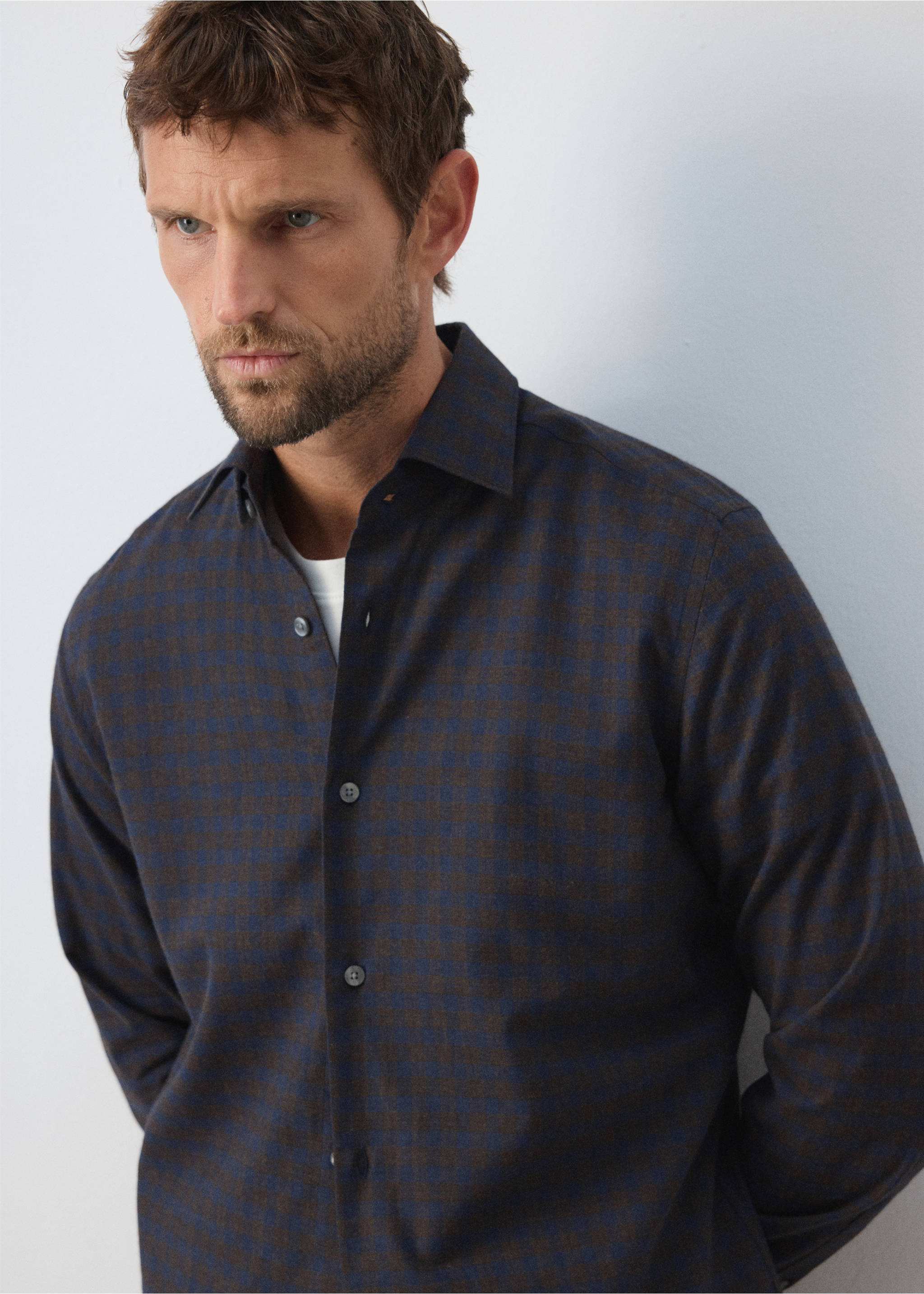 Blue and brown checked shirt with long sleeves and classic collar., Brown. Ref: 37047934-00.