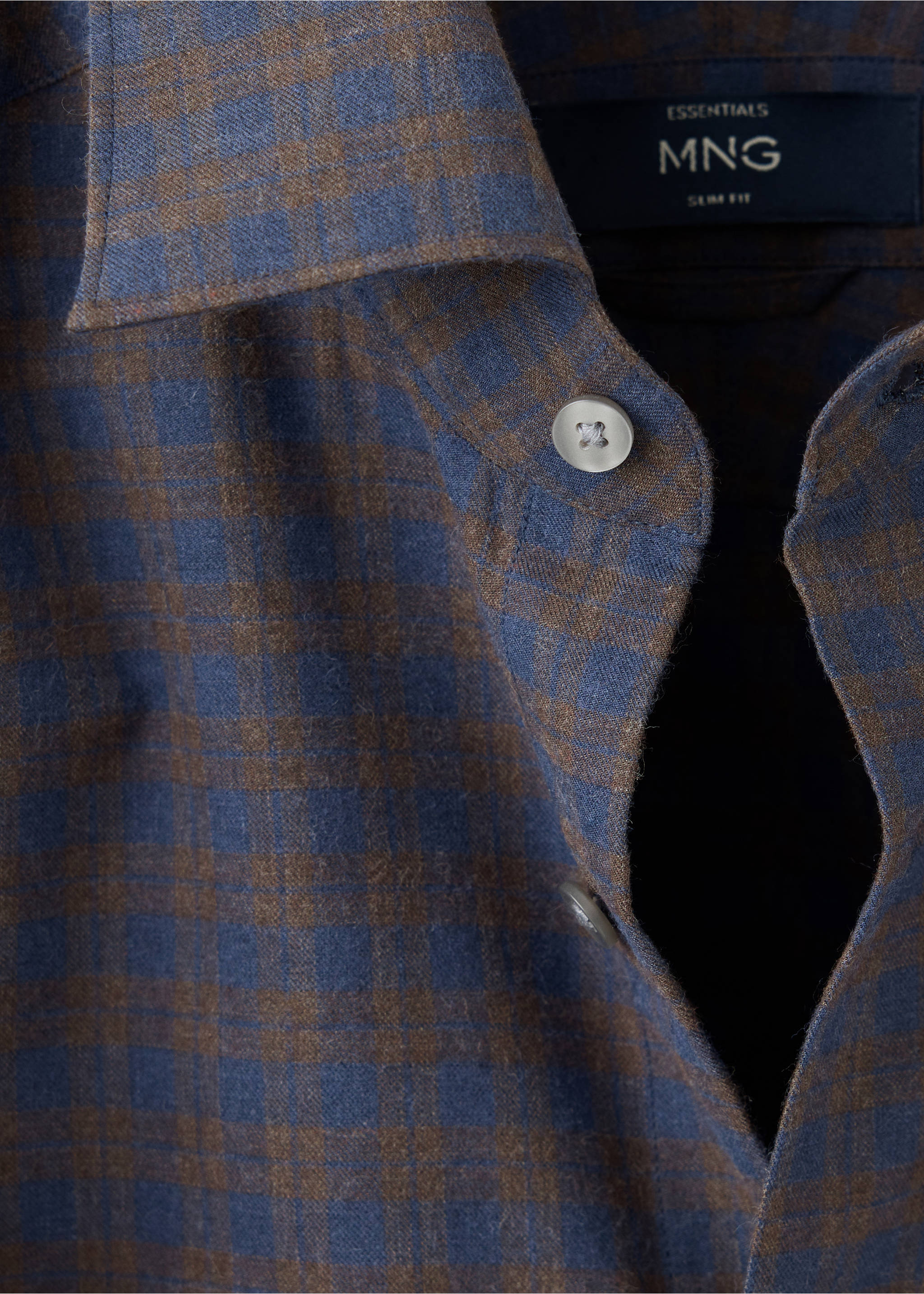 Close-up of a blue and brown checked slim-fit shirt collar and placket., Brown. Ref: 37047934-00.