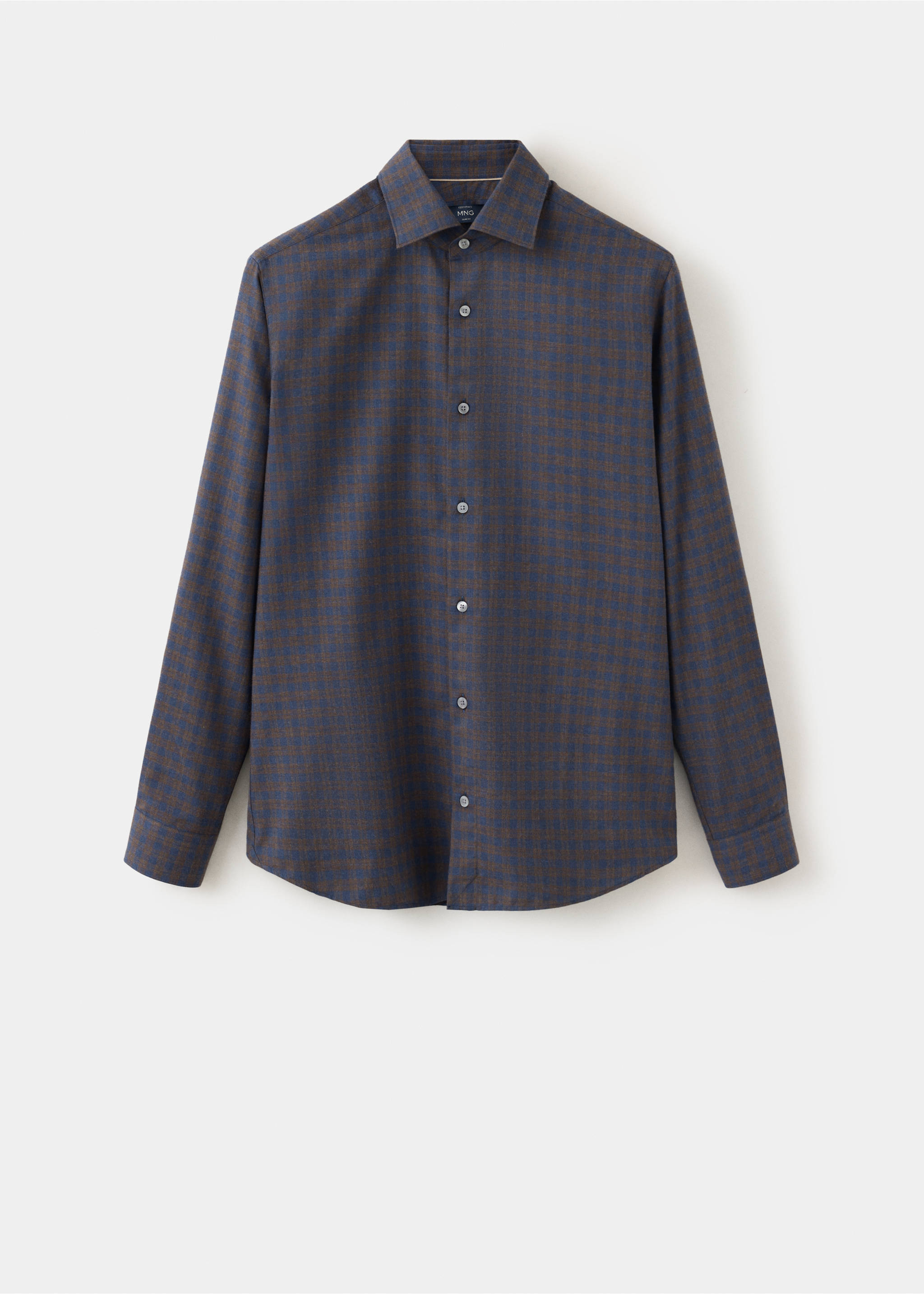 Blue and brown checked long-sleeve shirt with a classic collar and front button placket., Brown. Ref: 37047934-00.