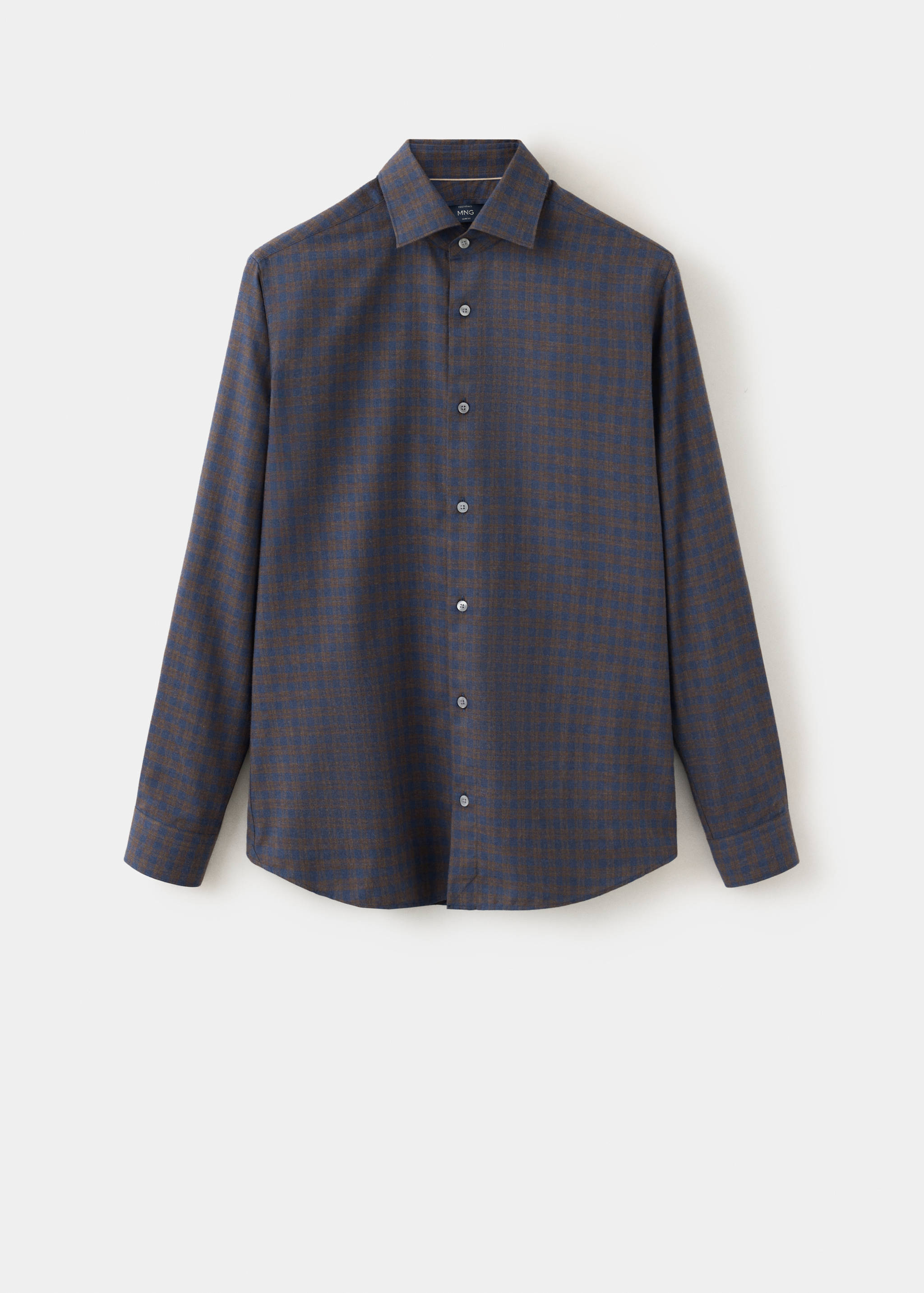 Blue and brown checked long-sleeve shirt with a classic collar and front button placket.